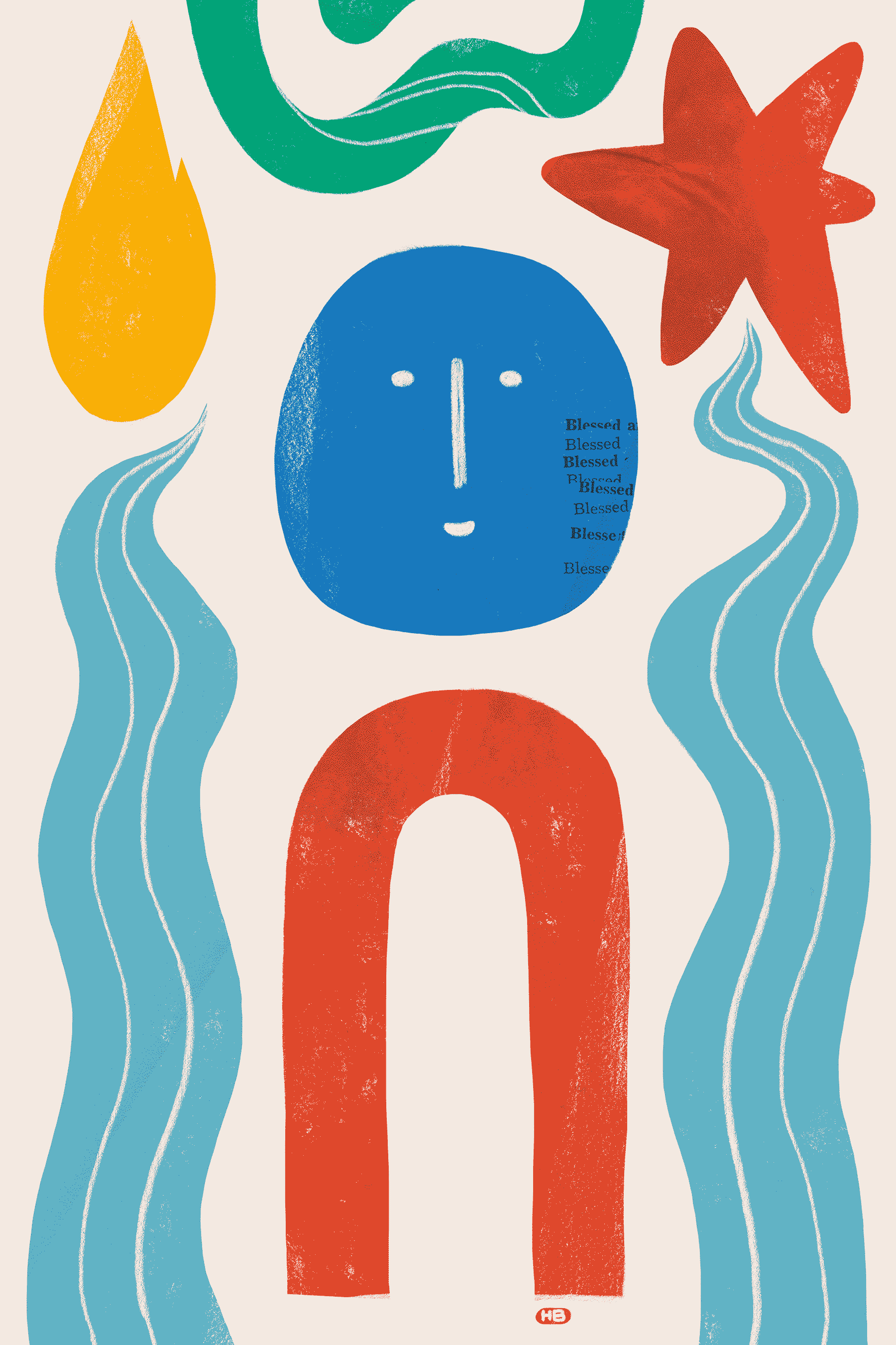A collage of bright colored shapes fills the space, forming a large, crying face. The nose of the face is a smiling face, however, with some collaged texture throughout.