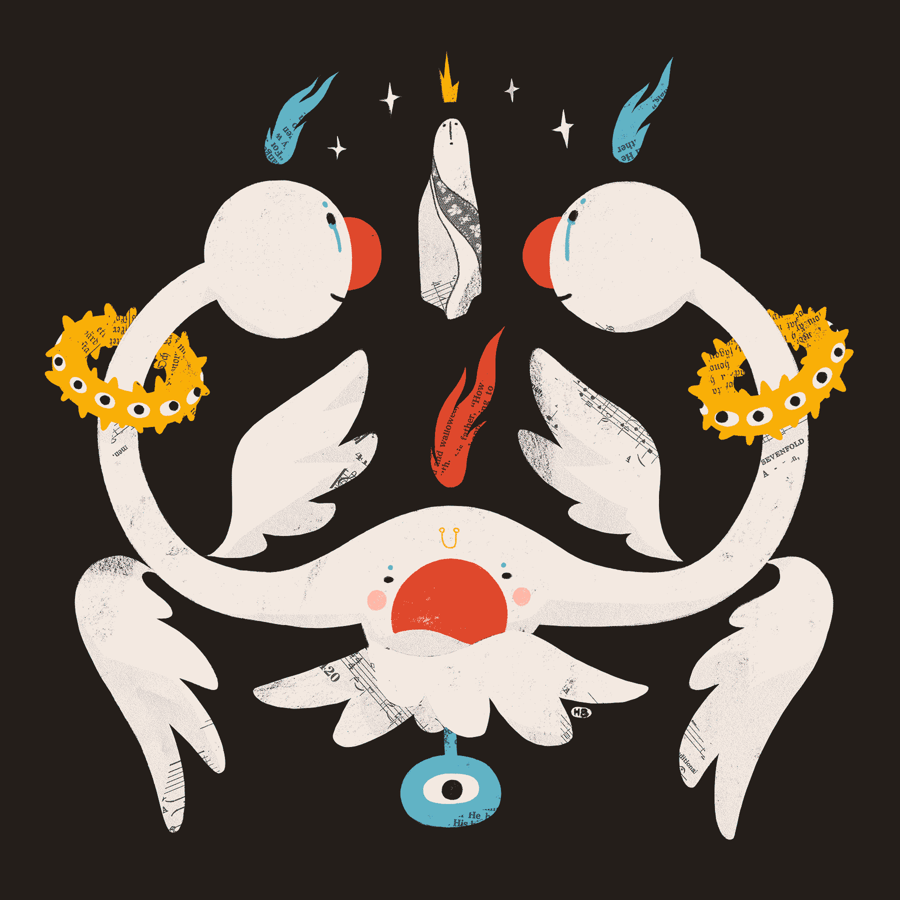 A saint is lifted by a three-faced angel with many wings, spiked rings, and two long necks.