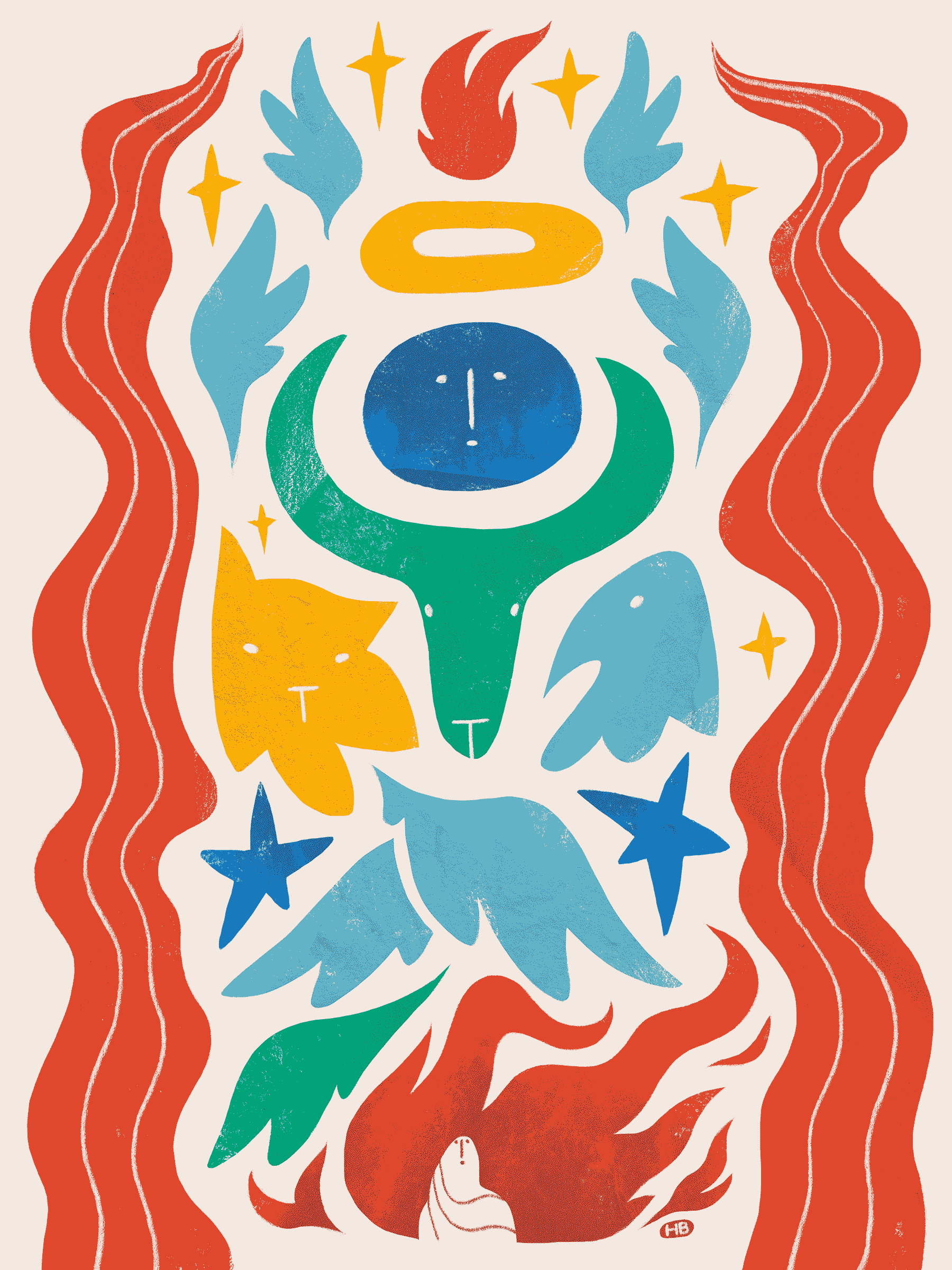 A collage of bright colored shapes, fills the space. Within can be seen flames, wings, a saint, and the faces of a person, a bull, a cat, and a bird.