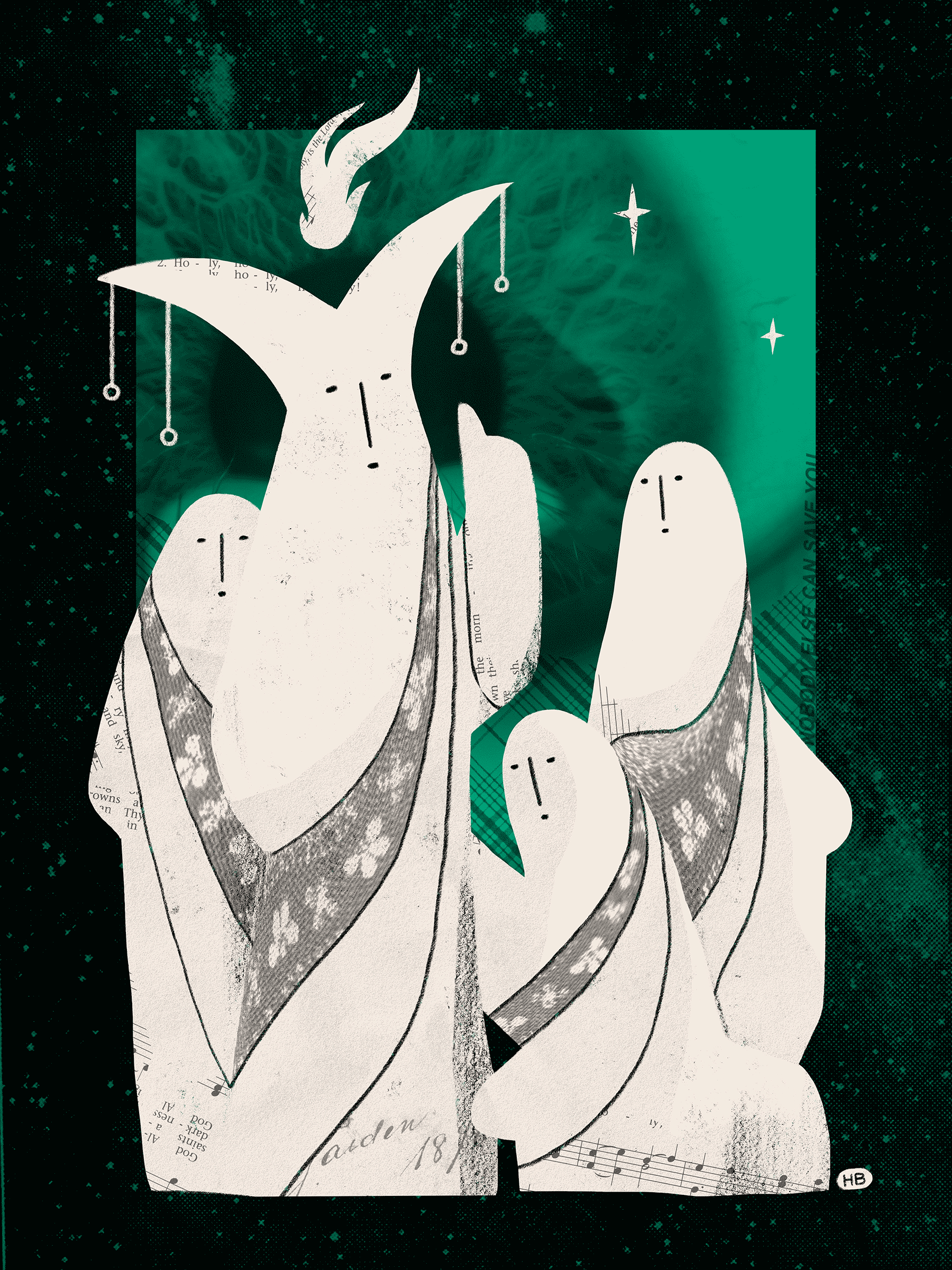 Three saints gather around a larger, horned figure who holds their hand aloft as if teaching them. The background is a collage of an eye iris, stars, and a tartan pattern in green.