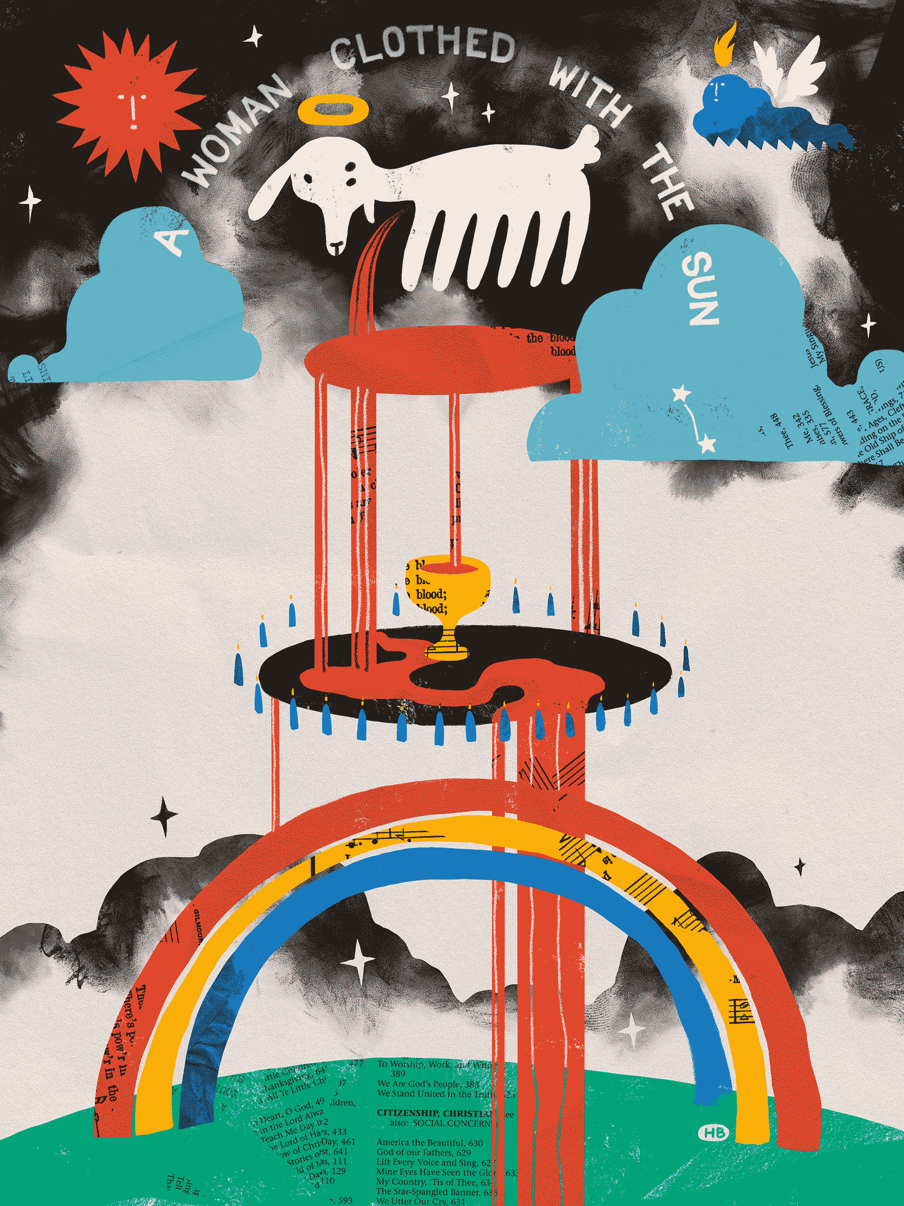 A six-legged lamb hovers above the earth, and bleeds down into two disc-shaped tiers, and then down to the eartth. Above their head text reads 'a woman clothed with the sun'. Saint-like figures gather below around a chalice filling with blood, and the scene is filled with a rainbow and clouds.