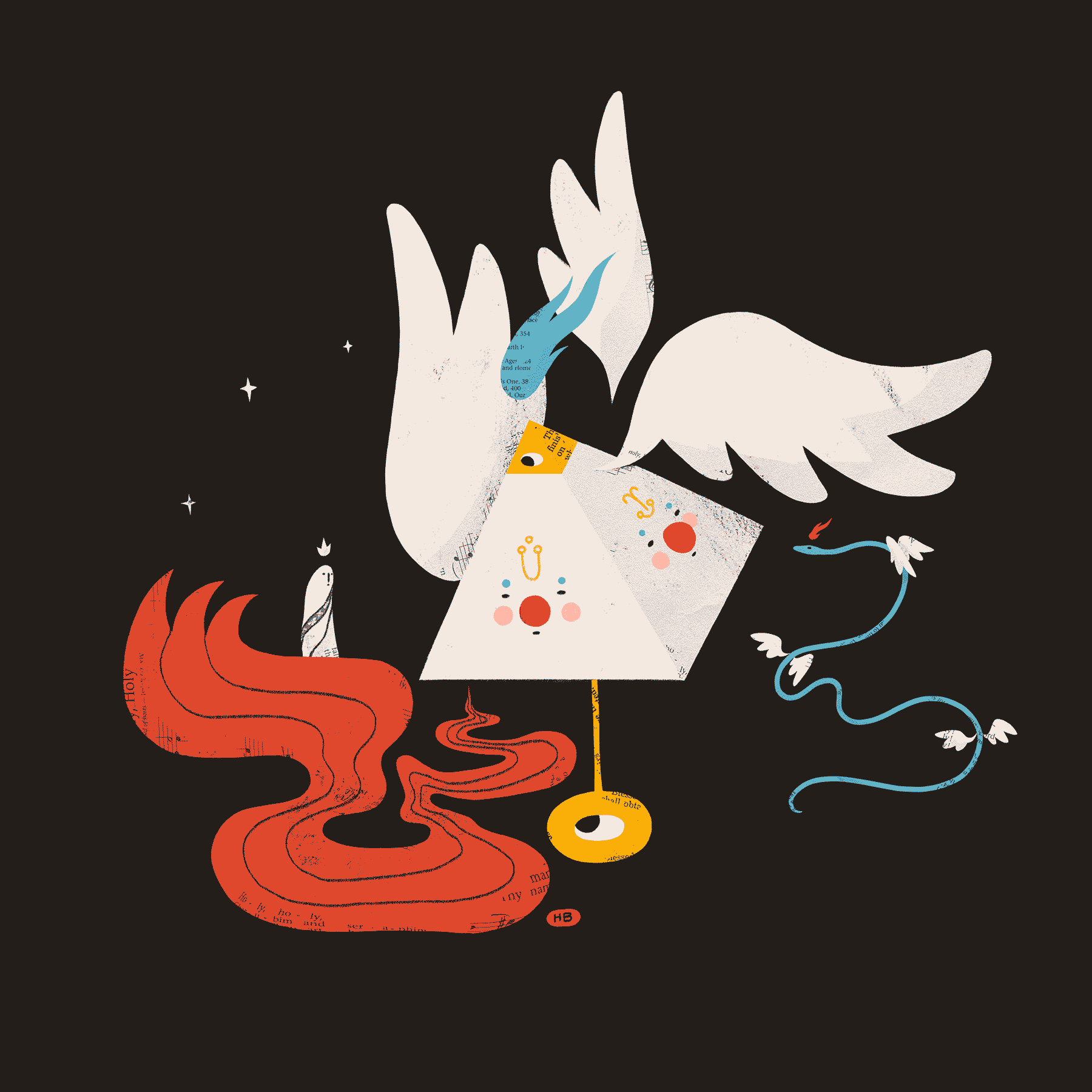 A pyramid-shaped angel with three wings examines a saint they hold in their hand.