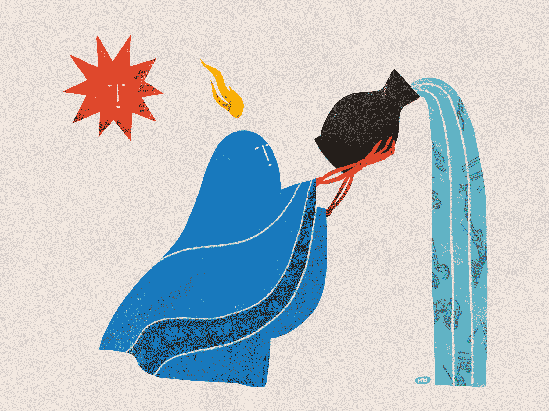 A blue saint pours out a large jug of water. Collaged skeletons are in the water.