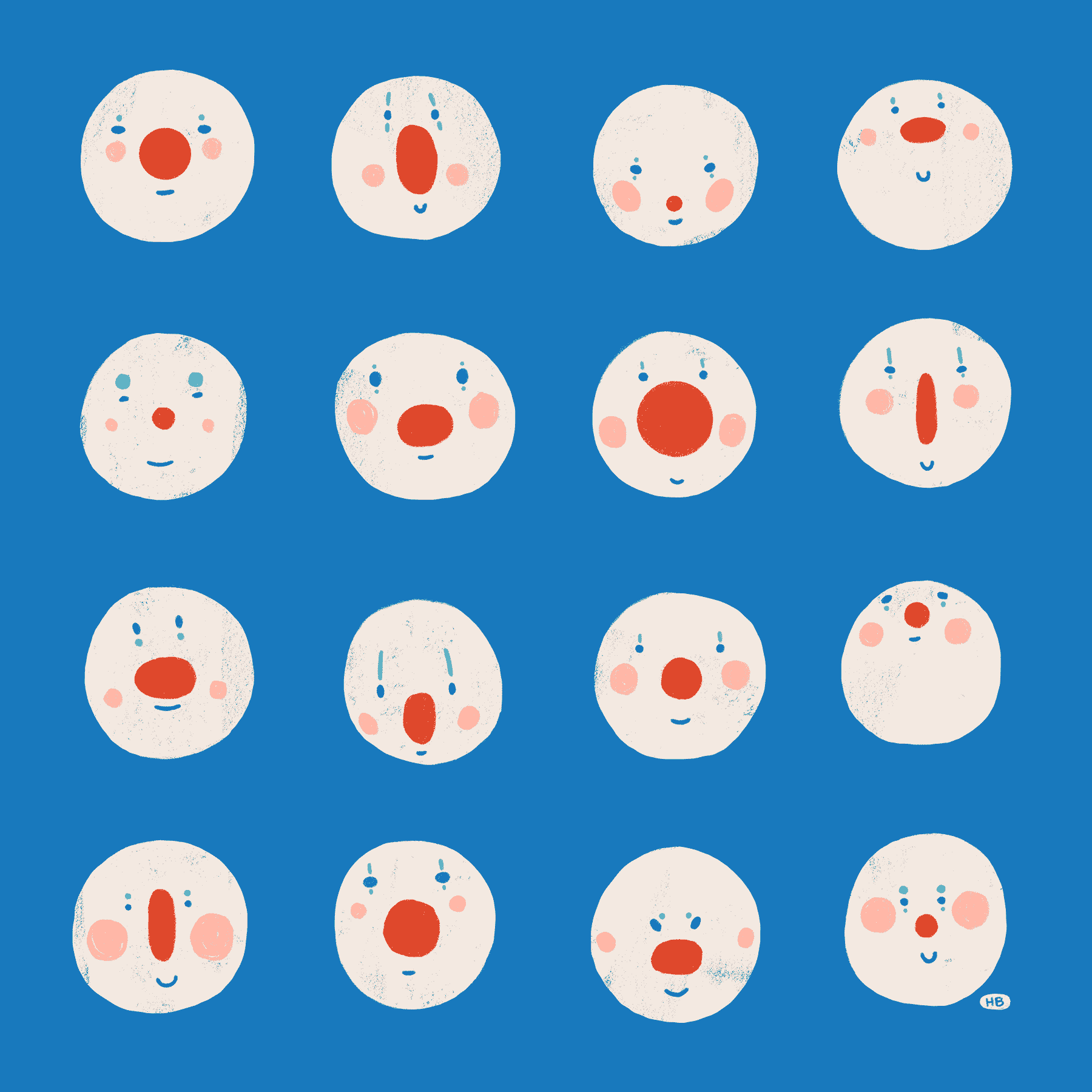 A grid of sixteen clown faces, each with different proportions and expressions.