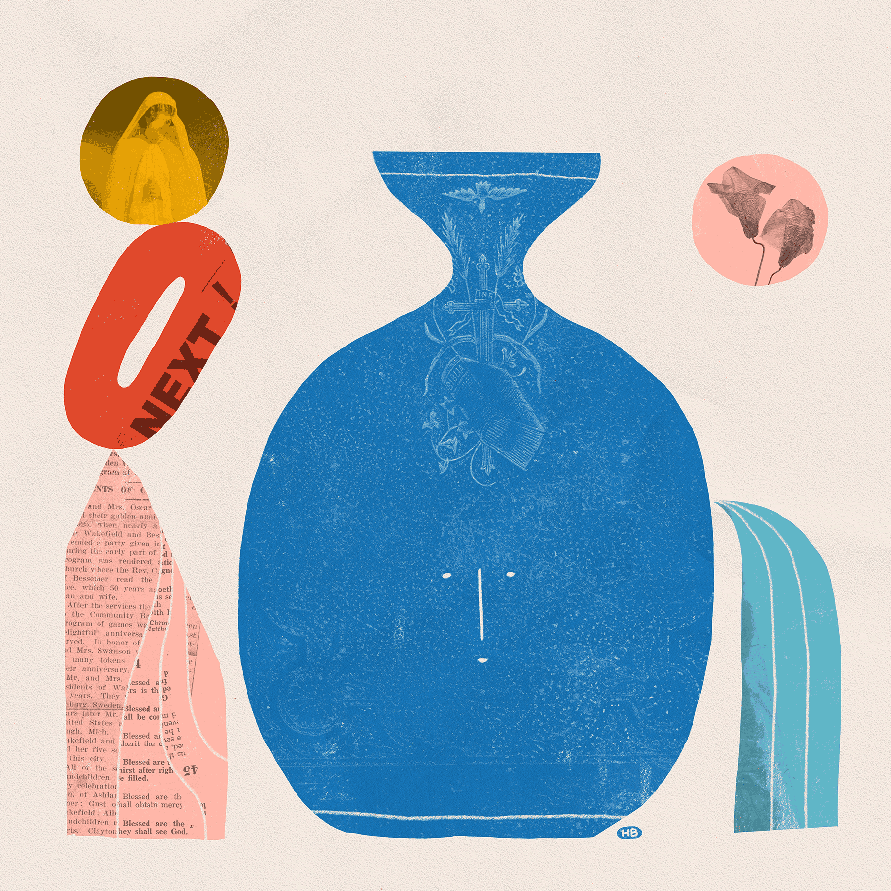 A collage piece where a jug of water has sprung a leak and is surrounded by some cut-out shapes.