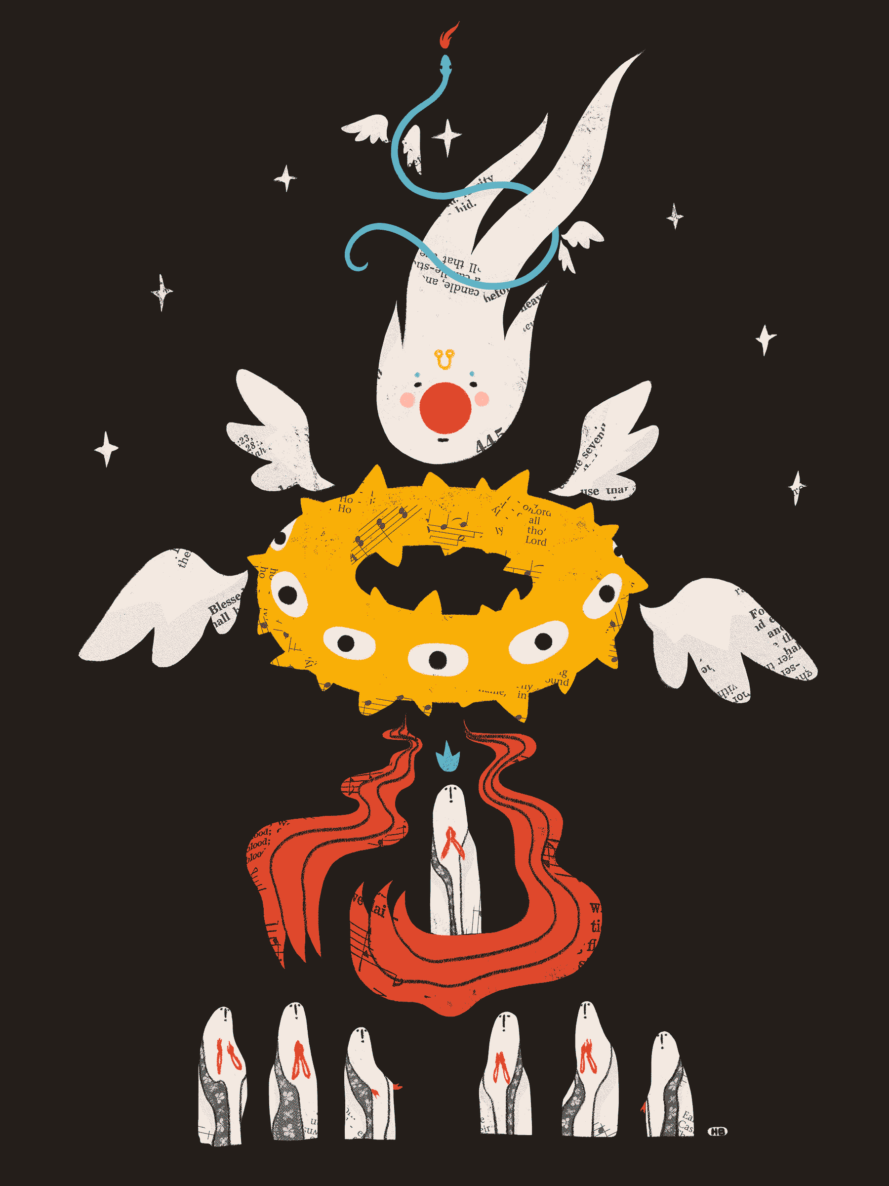 A clown-like angel with four wings and a ring-like body lifts a saint up from their peers.
