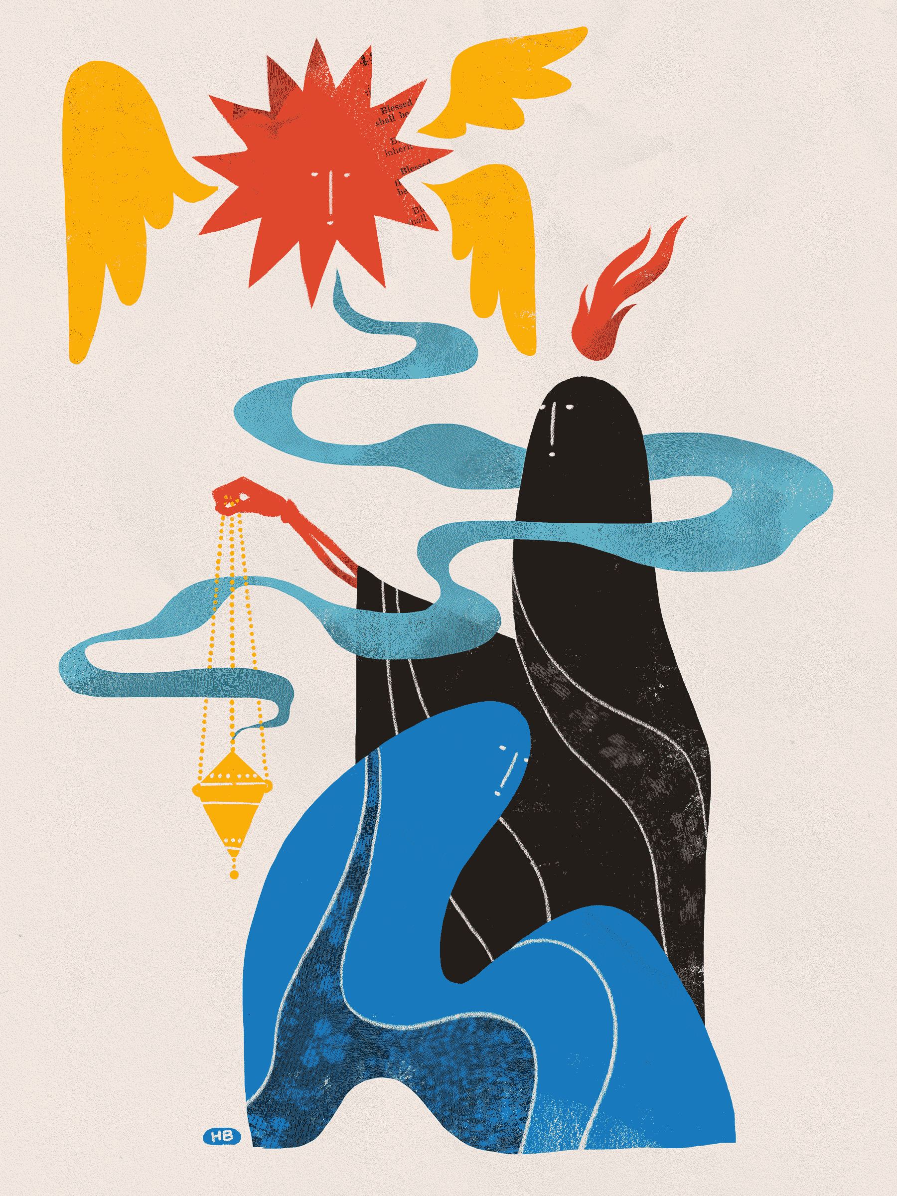 A black saint waves an incense-filled censer around a kneeling blue saint. A sun with three wings watches from overhead.