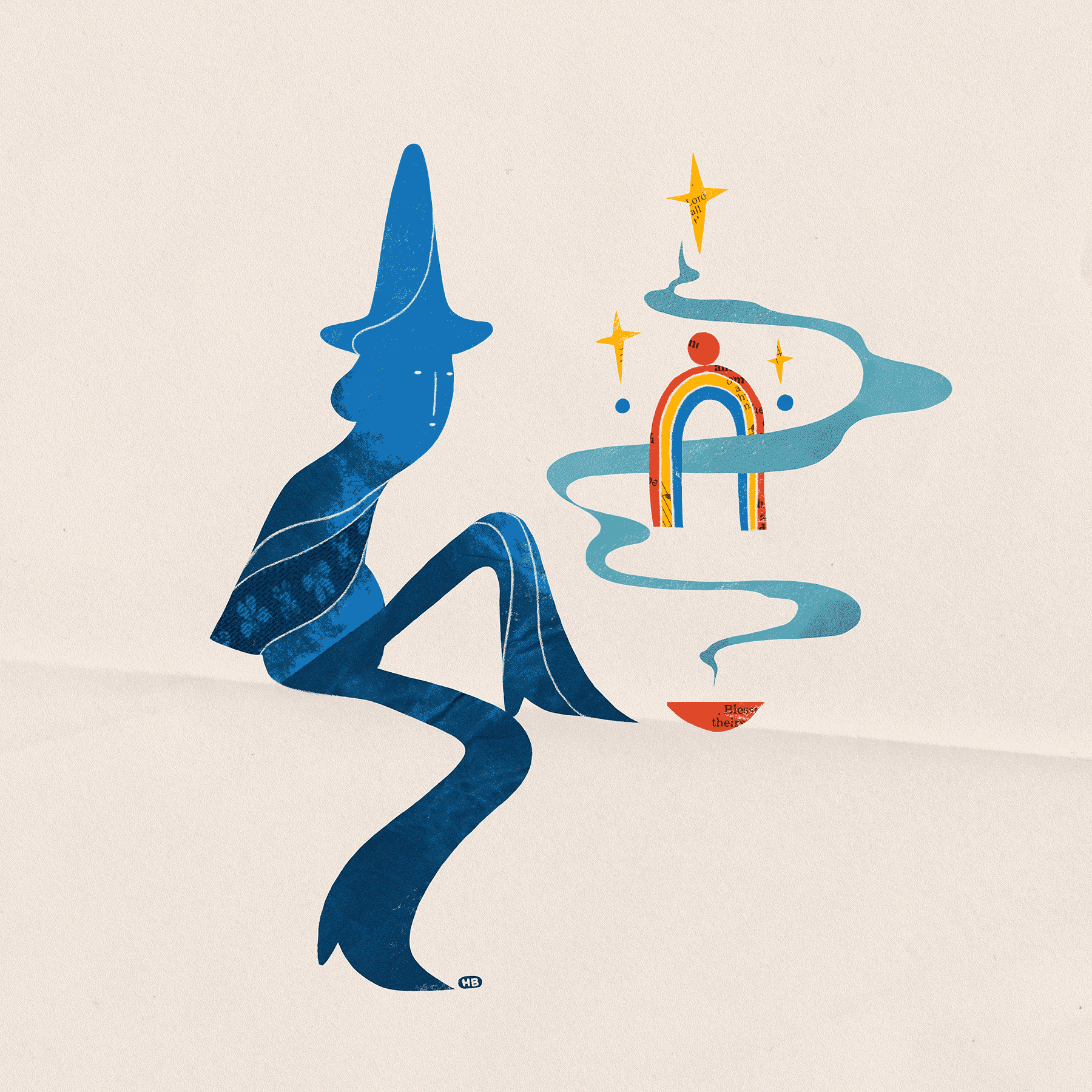 A blue, armless wizard-like figure sits and gazes into imagery conjured within smoke rising from incense.