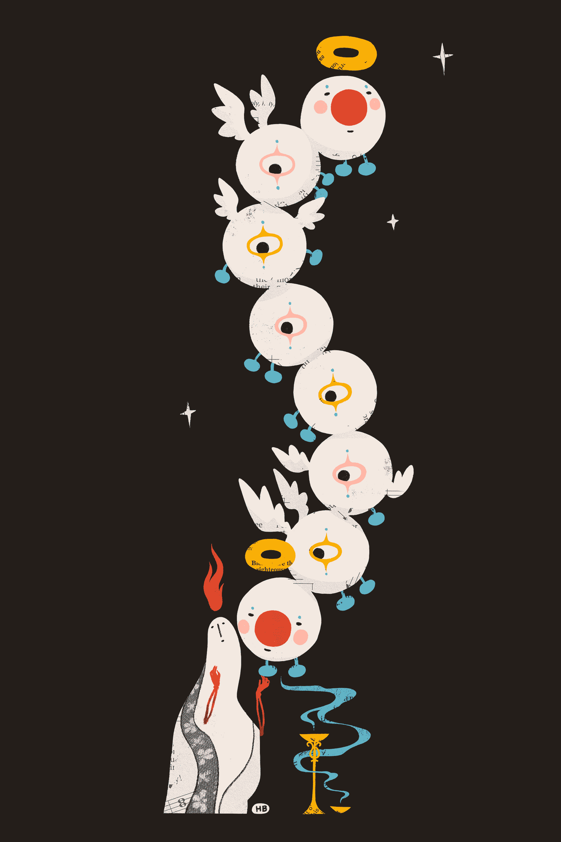 A two-headed, centipede-like angel whispers into a saint's ear.