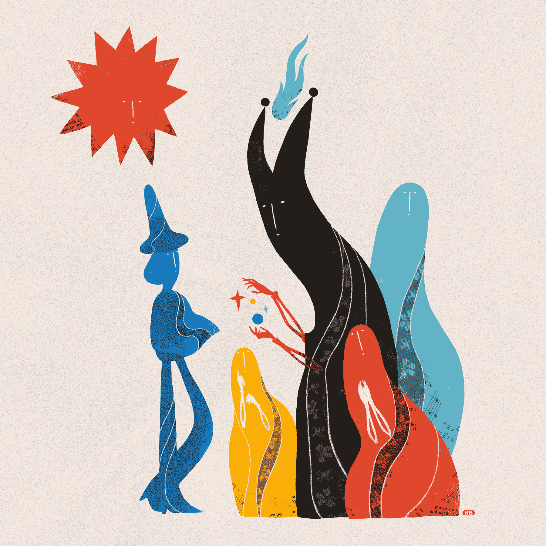 A blue, wizard-like figure is stopped by a group of saints fawning over a two-pronged figure in black, who is conjuring shapes with their skeletal arms.