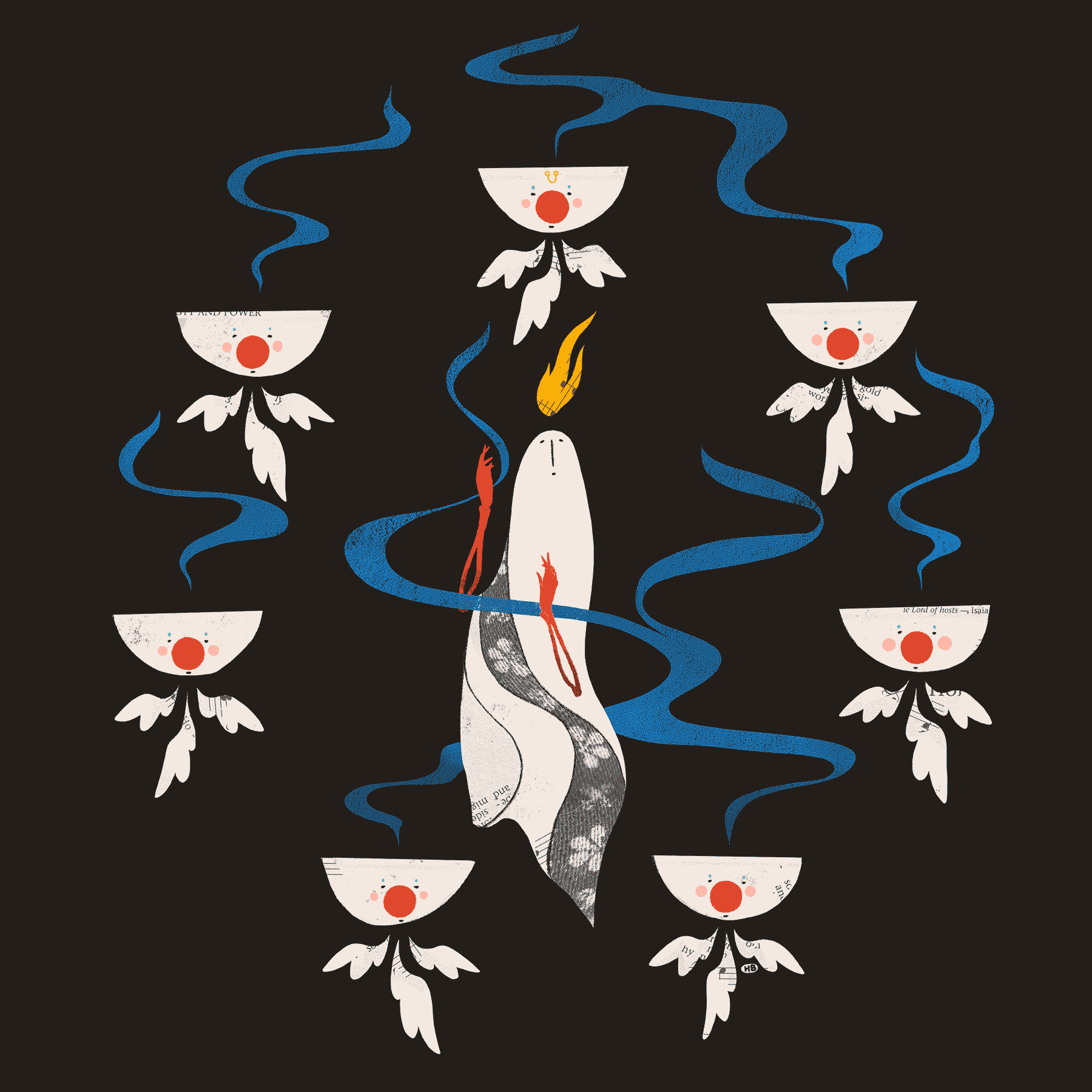 A saint dances within incense smoke rising from a circle of angels that appear to be a combination of clowns and offering bowls.