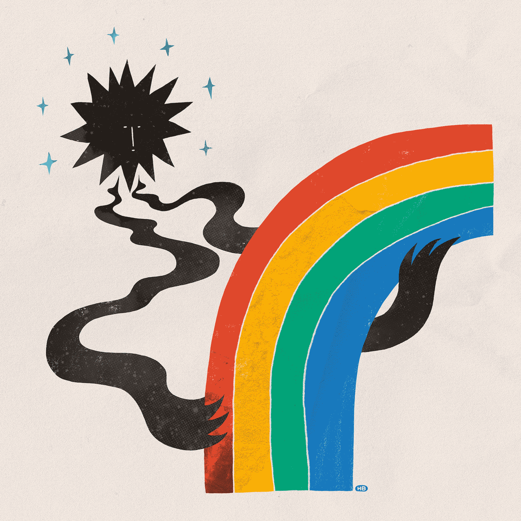 A black sun reaches down and gently holds a rainbow.