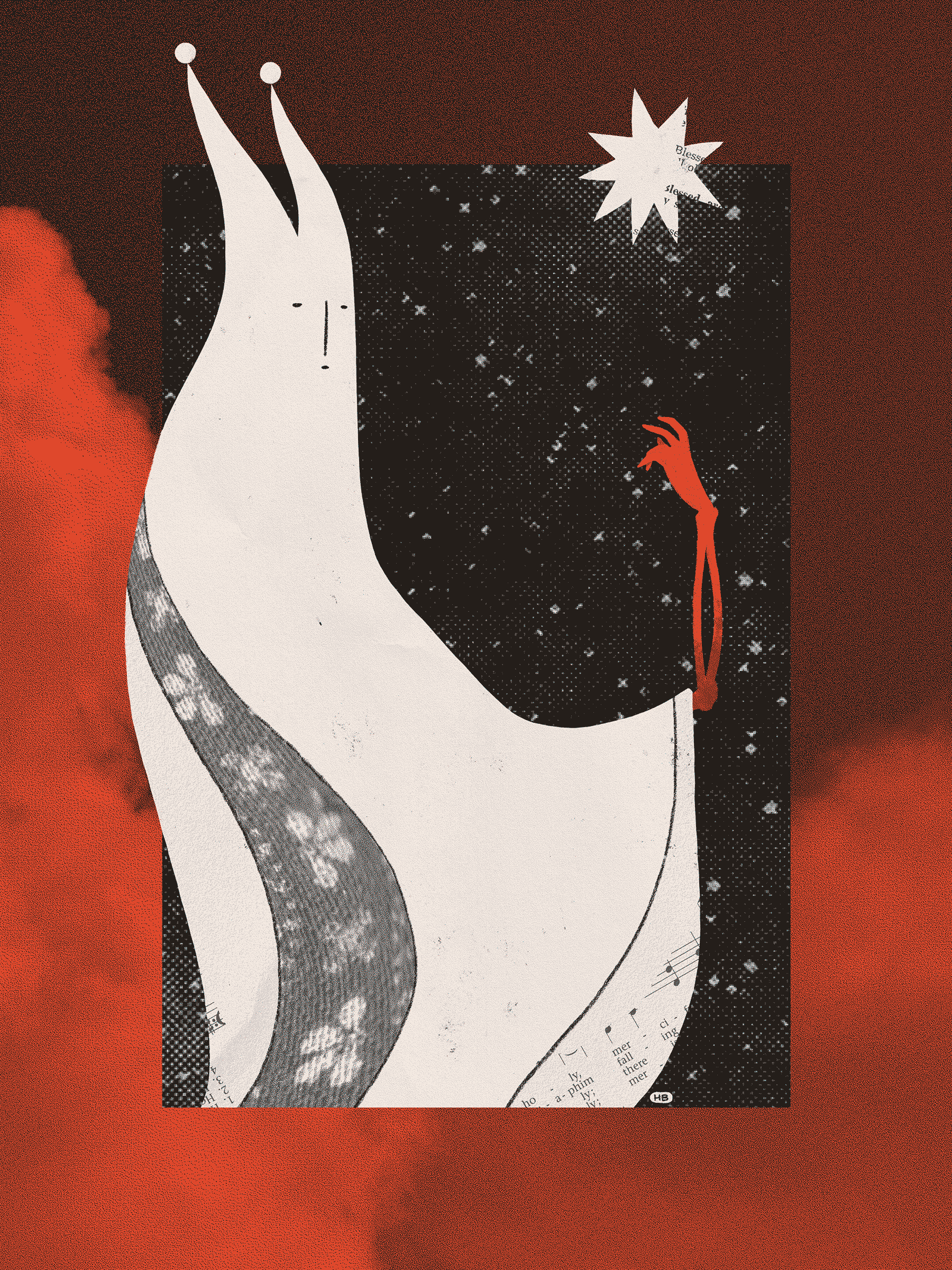 The robed, two-pointed figure of the Hierophant looks down at their red, skeletal arm and hand. The background is a collage of sky and stars on red.