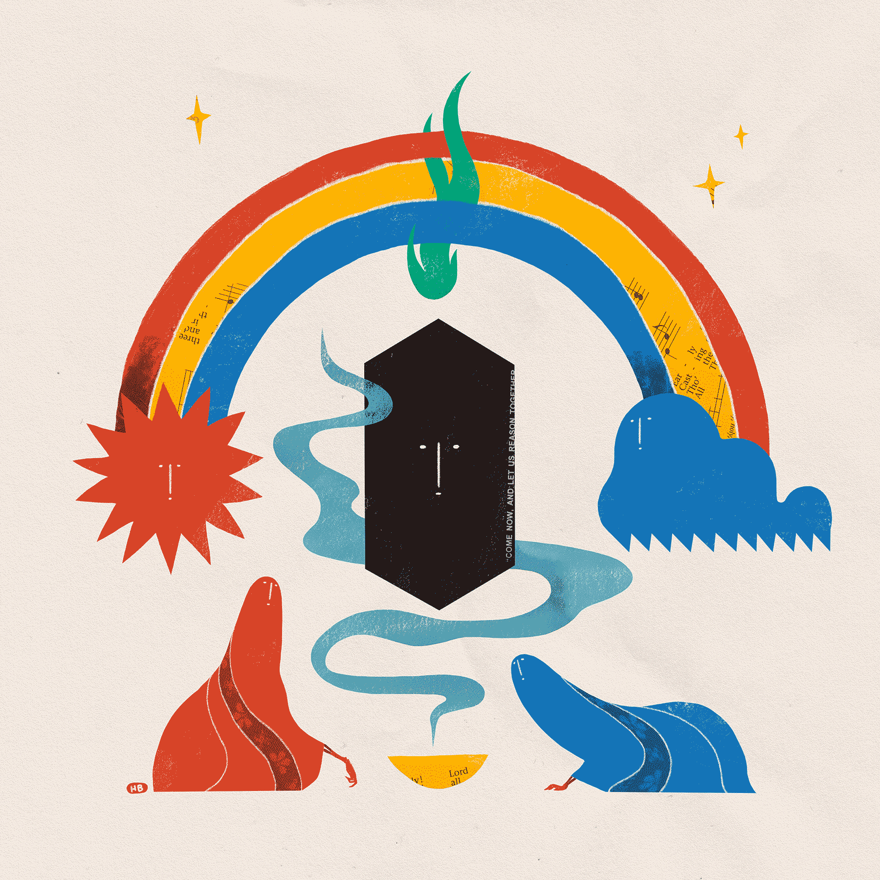 Two saints, one red and one blue, conjure a black, hexagonal entity with an offering bowl. Above is a rainbow between a sun and cloud, intended to keep the entity contained.