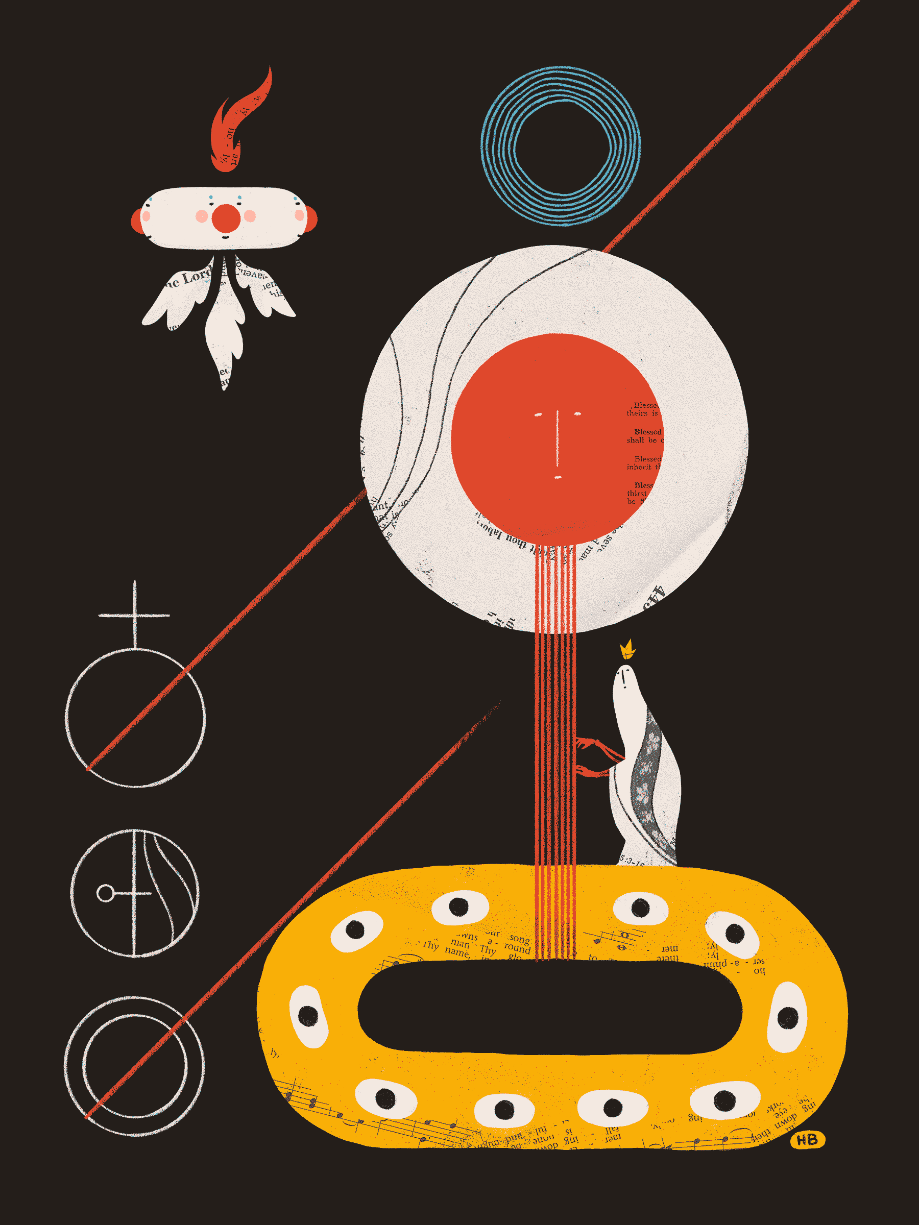 An abstract collection of sigils and lines connecting an eye-lined ring, a multi-faced clown angel, and a spherical enity. A saint stands upon the ring and plucks some of the lines like strings.