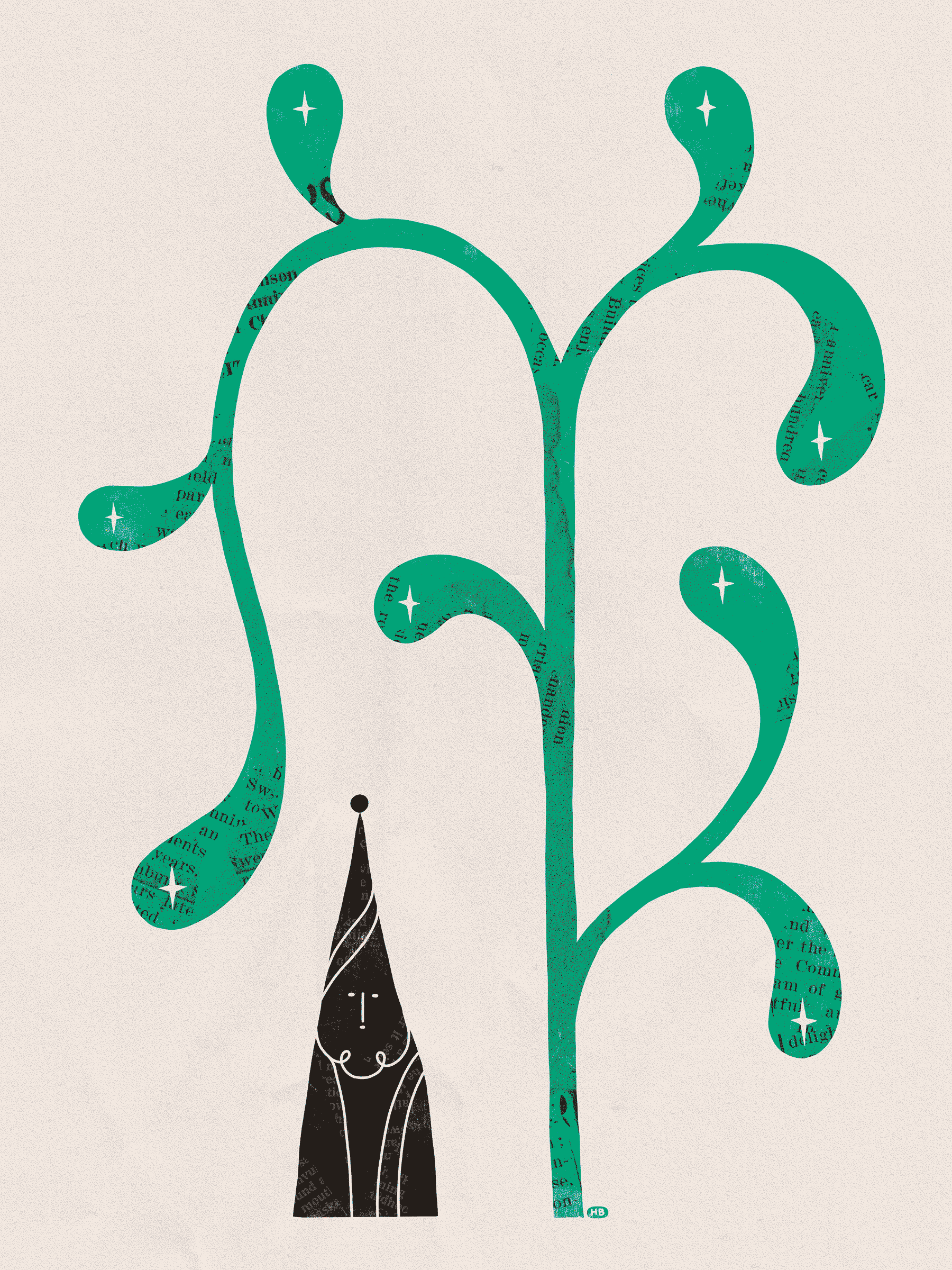 A very small figure with a pointed hat stands beneath a green plant with stars in its leaves.