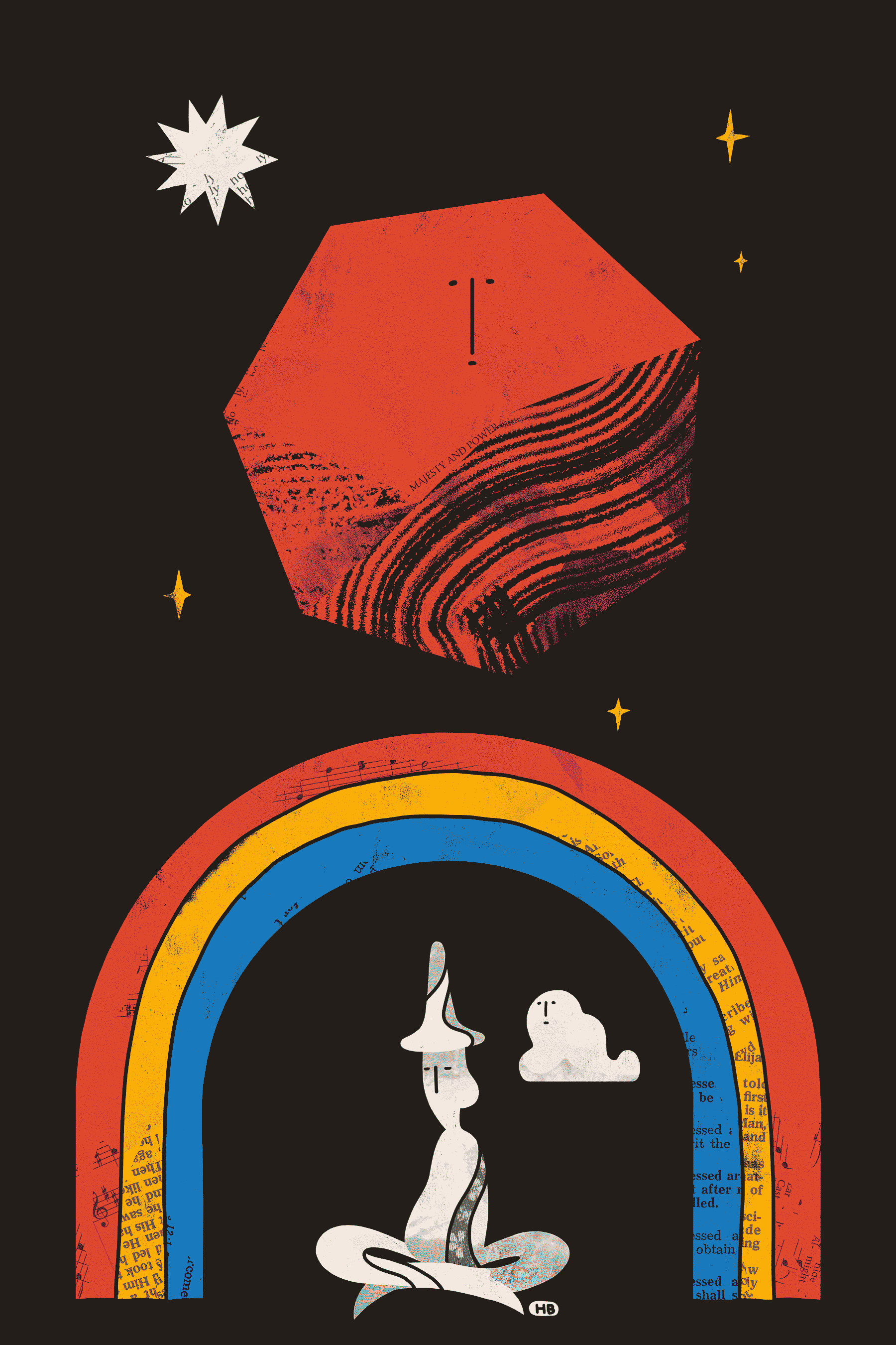 Āyen sits and meditates beneath a rainbow. Above hovers a massive, red, textured heptagon.