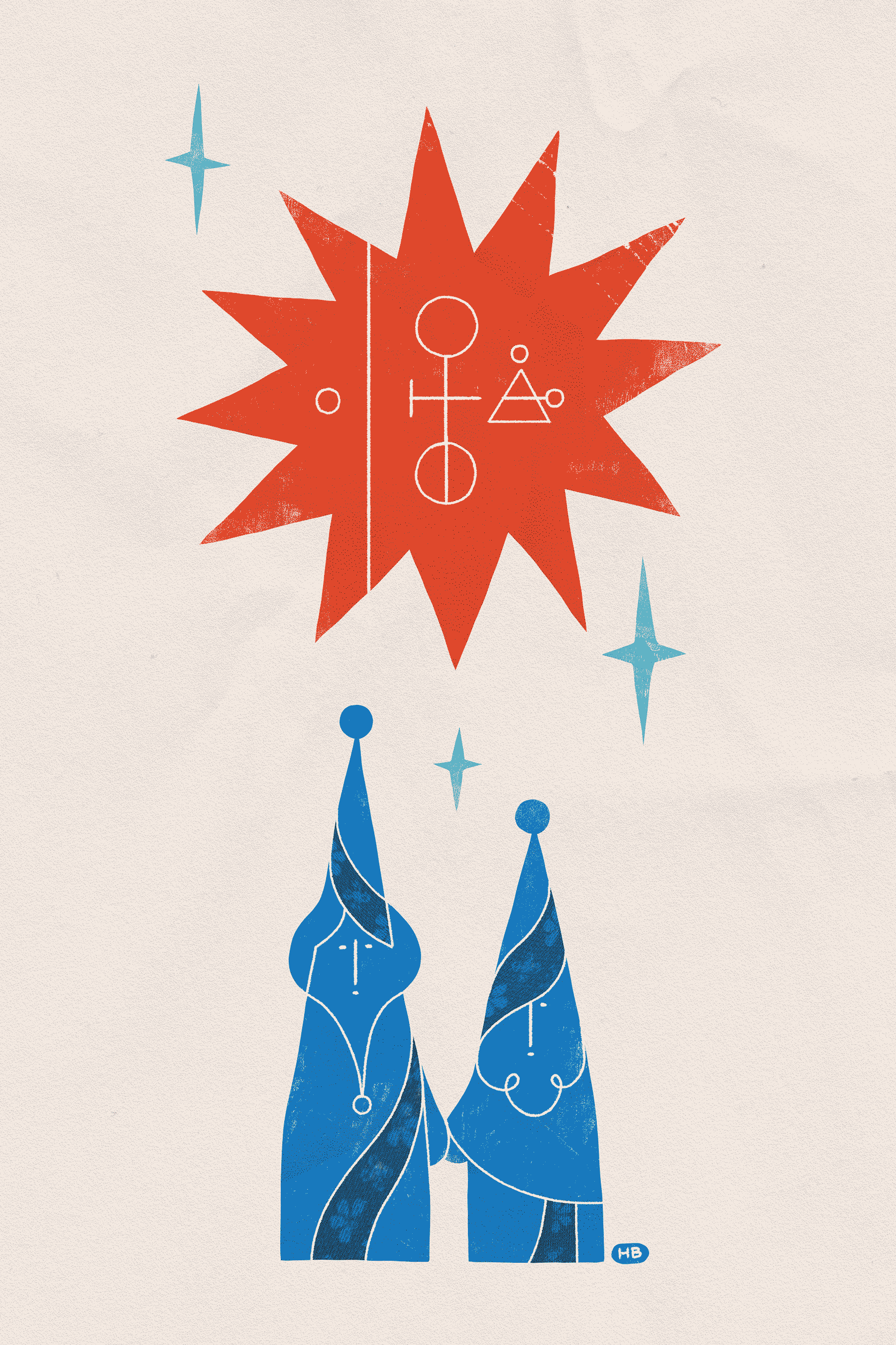 Two small, blue figures with pointed hats hold hands beneath a red star and sigil.