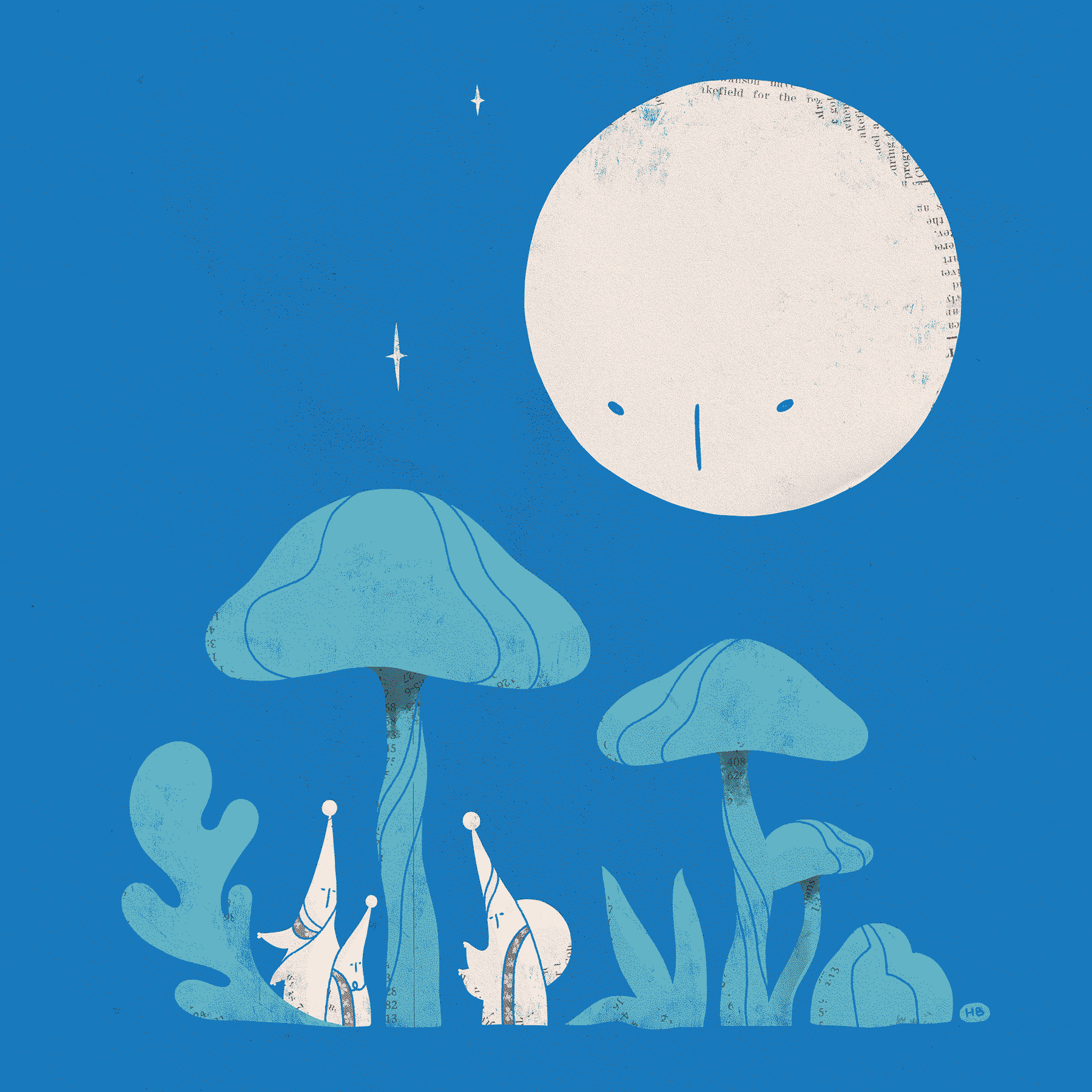 Three small figures in pointed hats meet under a mushroom. Mūn watches closely.