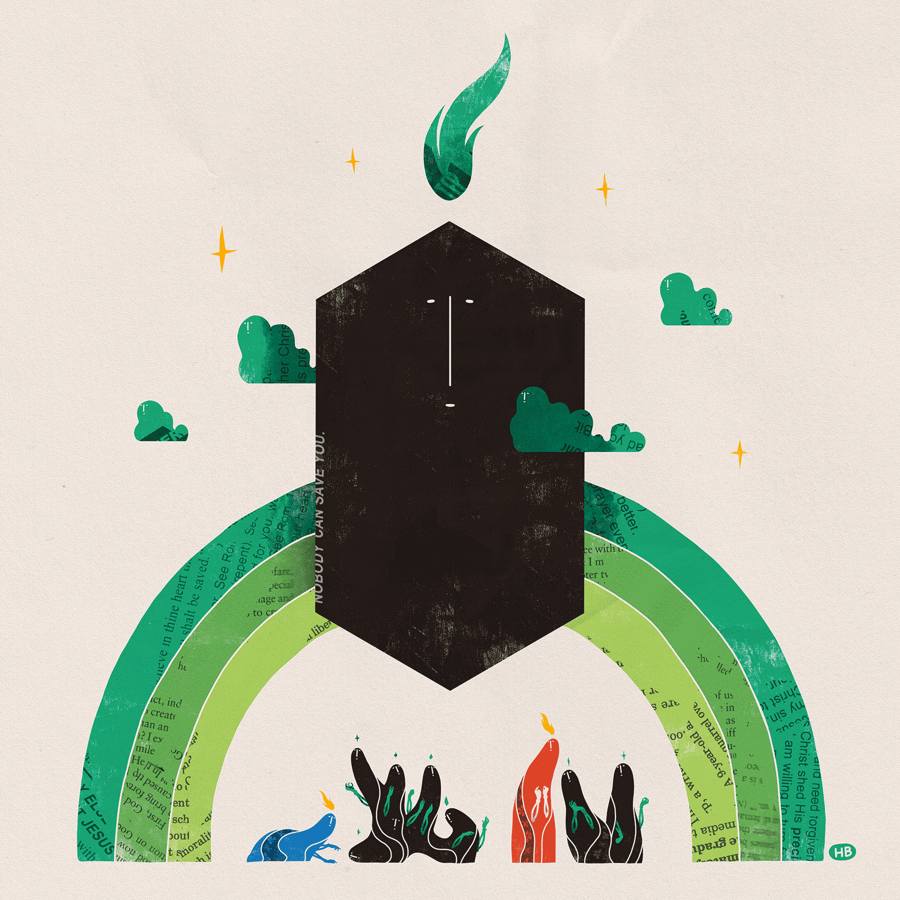 A massive black hexagon with a face looms over a green rainbow, causing saints to transform and merge with one another.