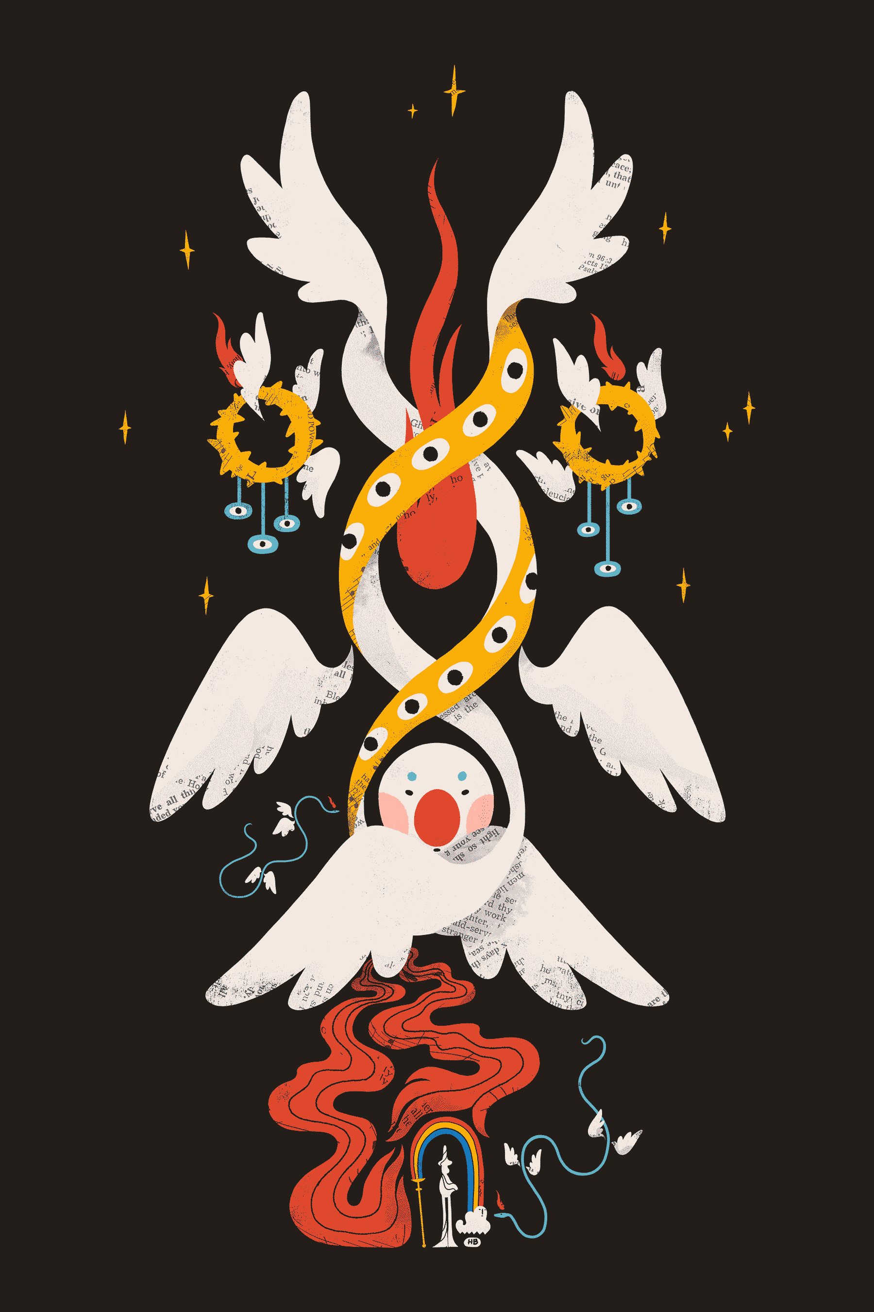 A massive, six-winged, DNA-shaped clown angel descends, flanked by two ring-like angels, upon Āyen. Its red hands touch a rainbow barrier between it and Āyen, looking for a weakness.