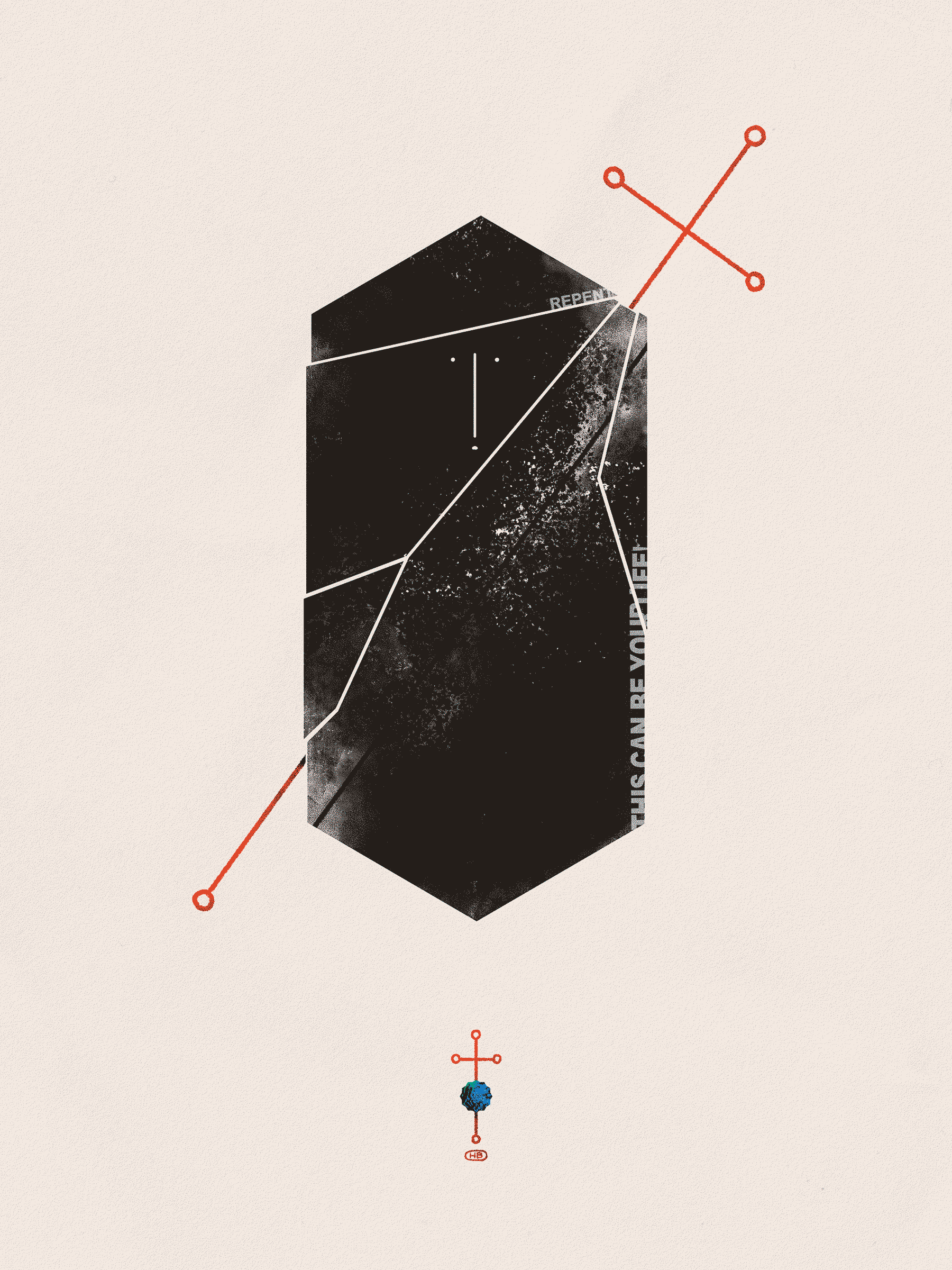A large, black, hexagonal entity is shattered by a cross-like sigil, Below it, a small blue entity is pierced by a similar sigil.