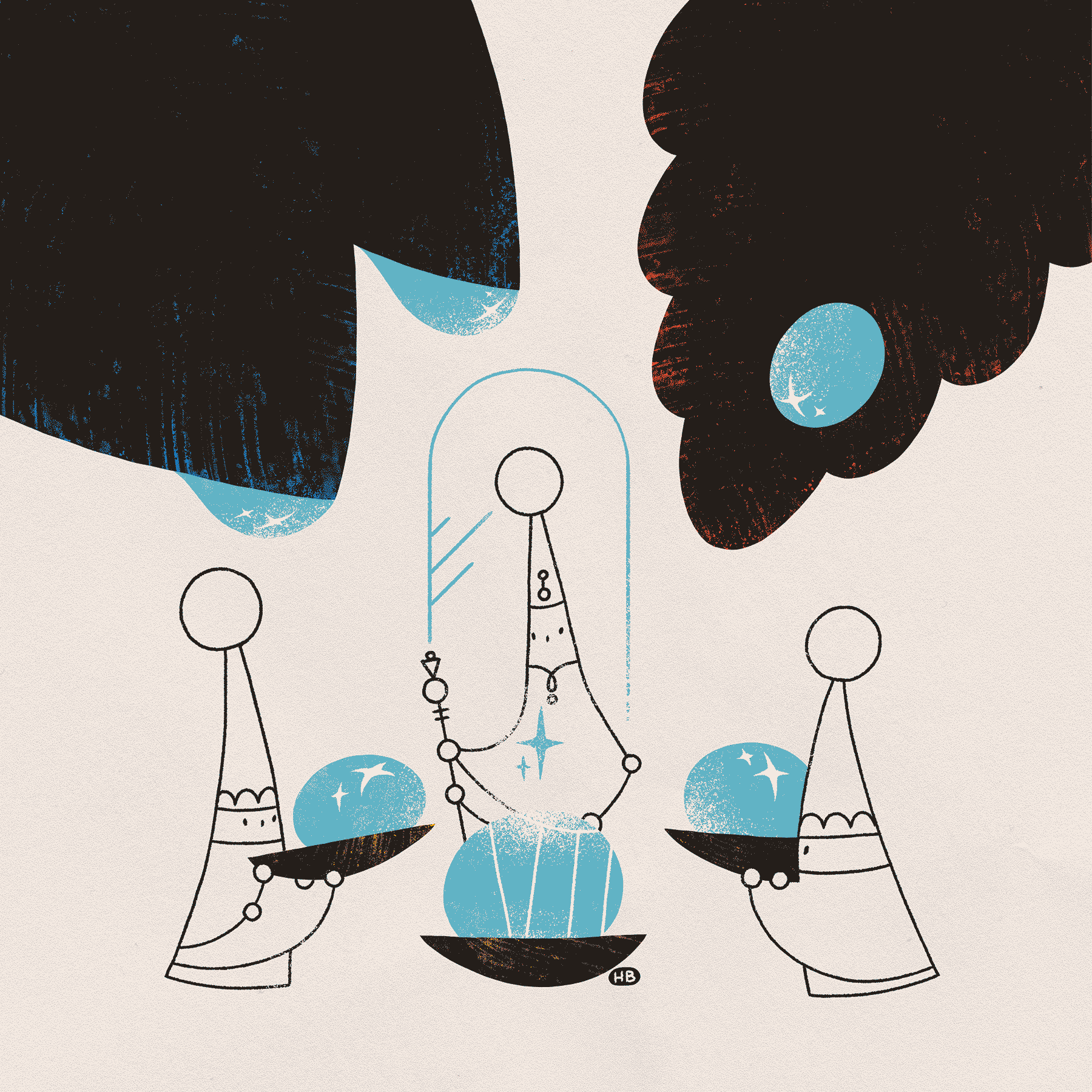 Three small wizards gather droplets from leaves for a ritual.