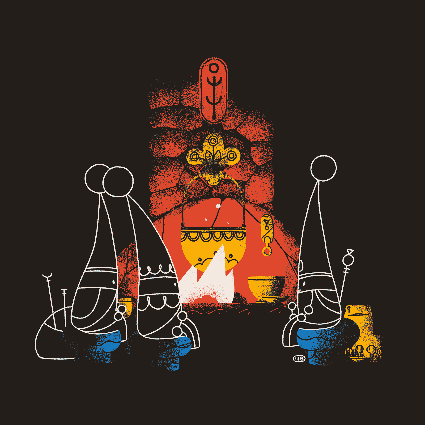 Three small wizards gather by a fireplace for warm drinks.
