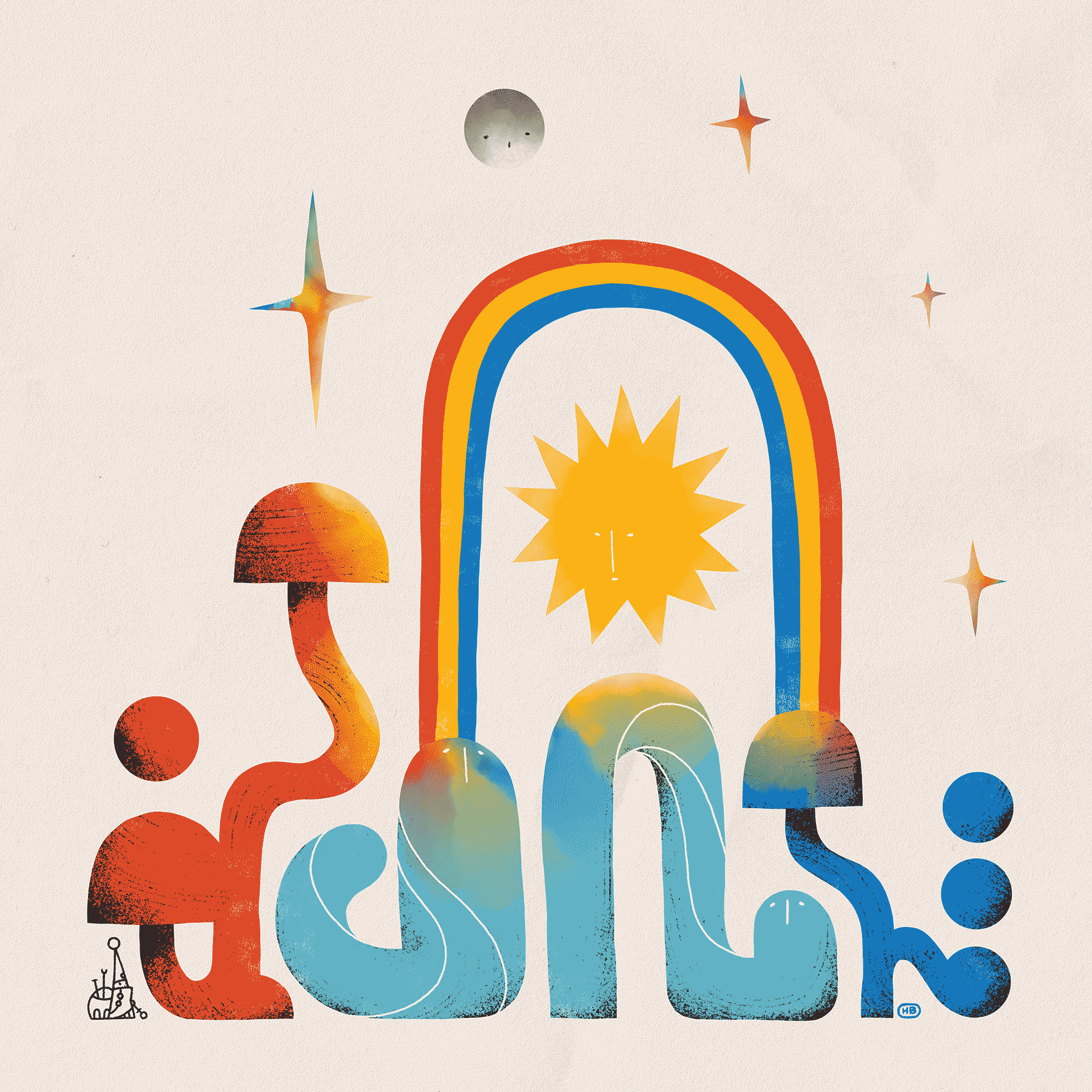 A colorful scene with a sigilist beholding two giant worms cavorting among mushrooms, and blessed by the sun. Mūn watches from afar.