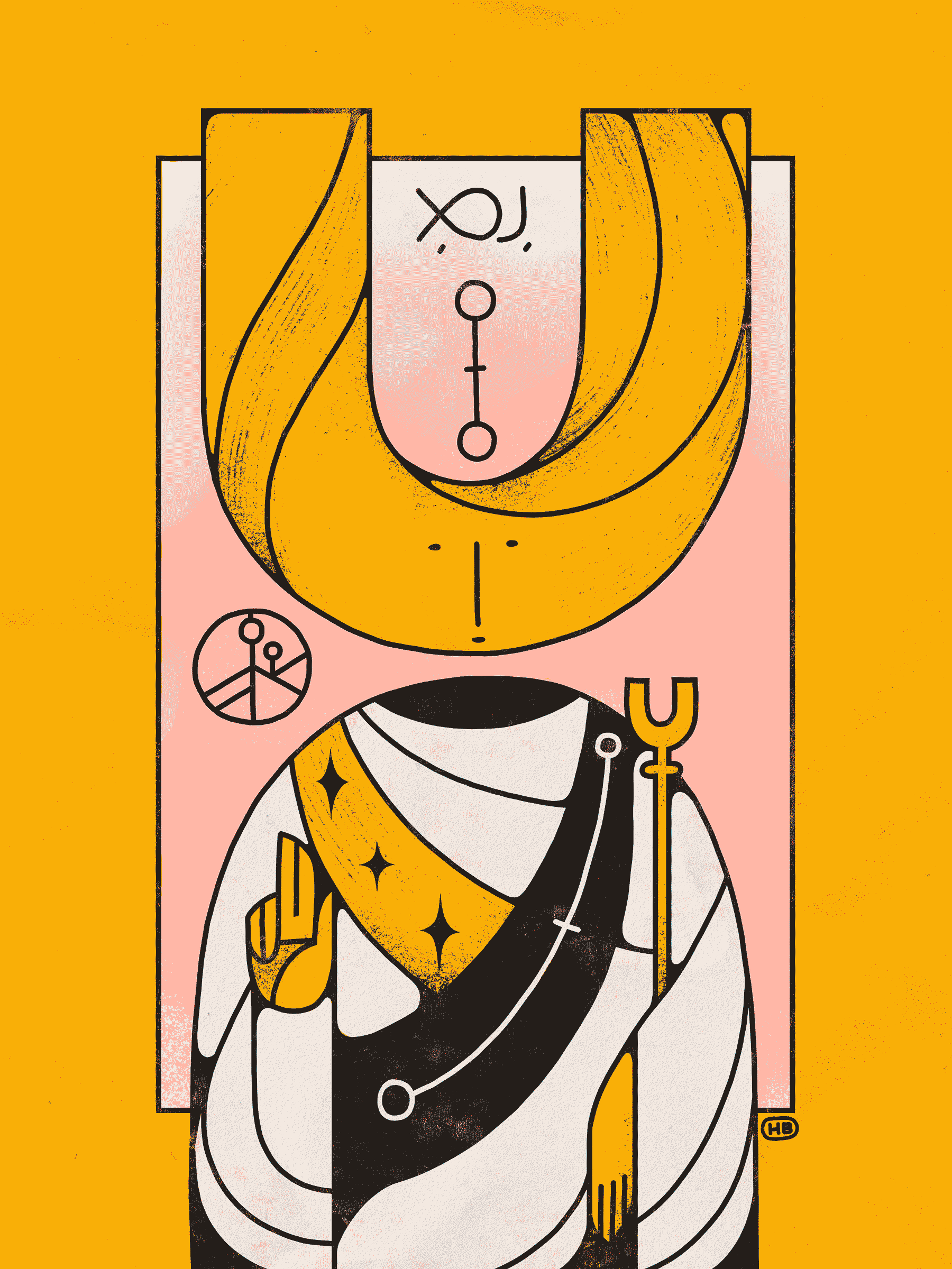 A travelling monk with a large, u-shaped head blesses the viewer.