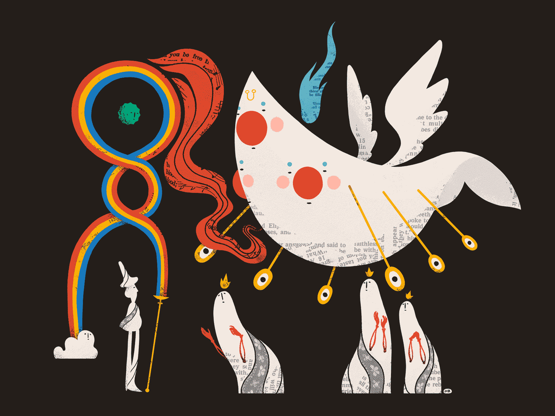 Āyen offers the vessel up to a large, whale-like angel as saints look on.