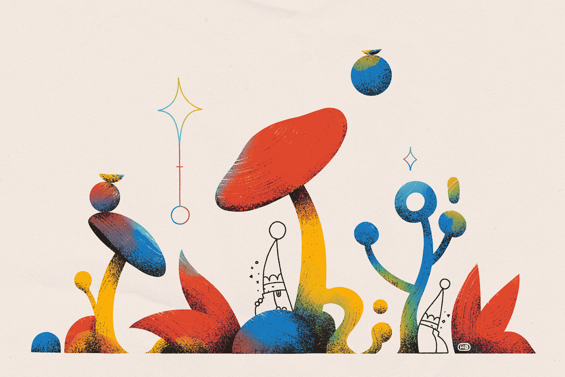 Two small sigilists rest among colorful mushrooms and abstract shapes.