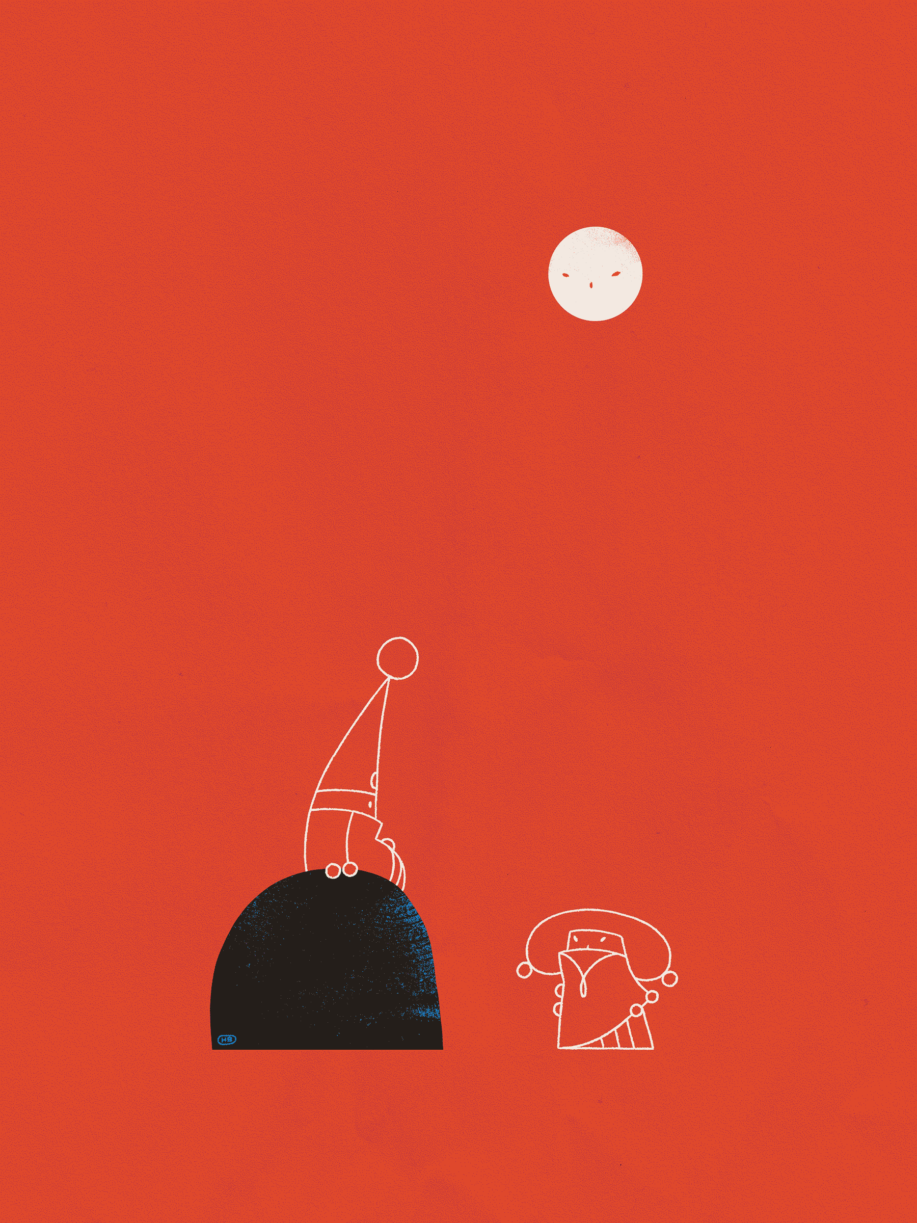 A sigilist is summoned by a seer. The sigilist is sitting on a small blue rock, and the background is a solid field of red.