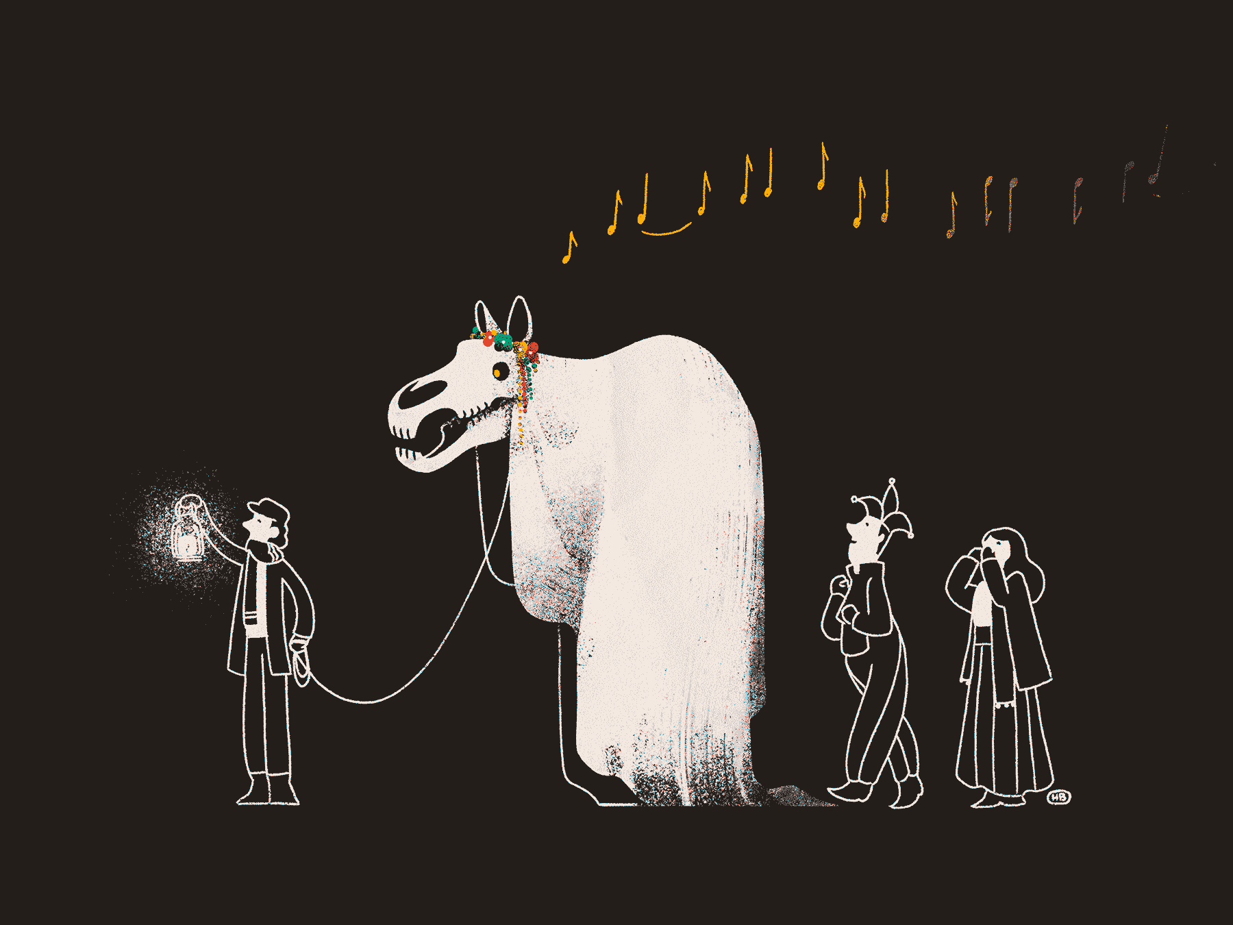 A small group of winter revelers gather around a tall, singing creature with a horse's skull, a draped body, and a colorful flower crown.
