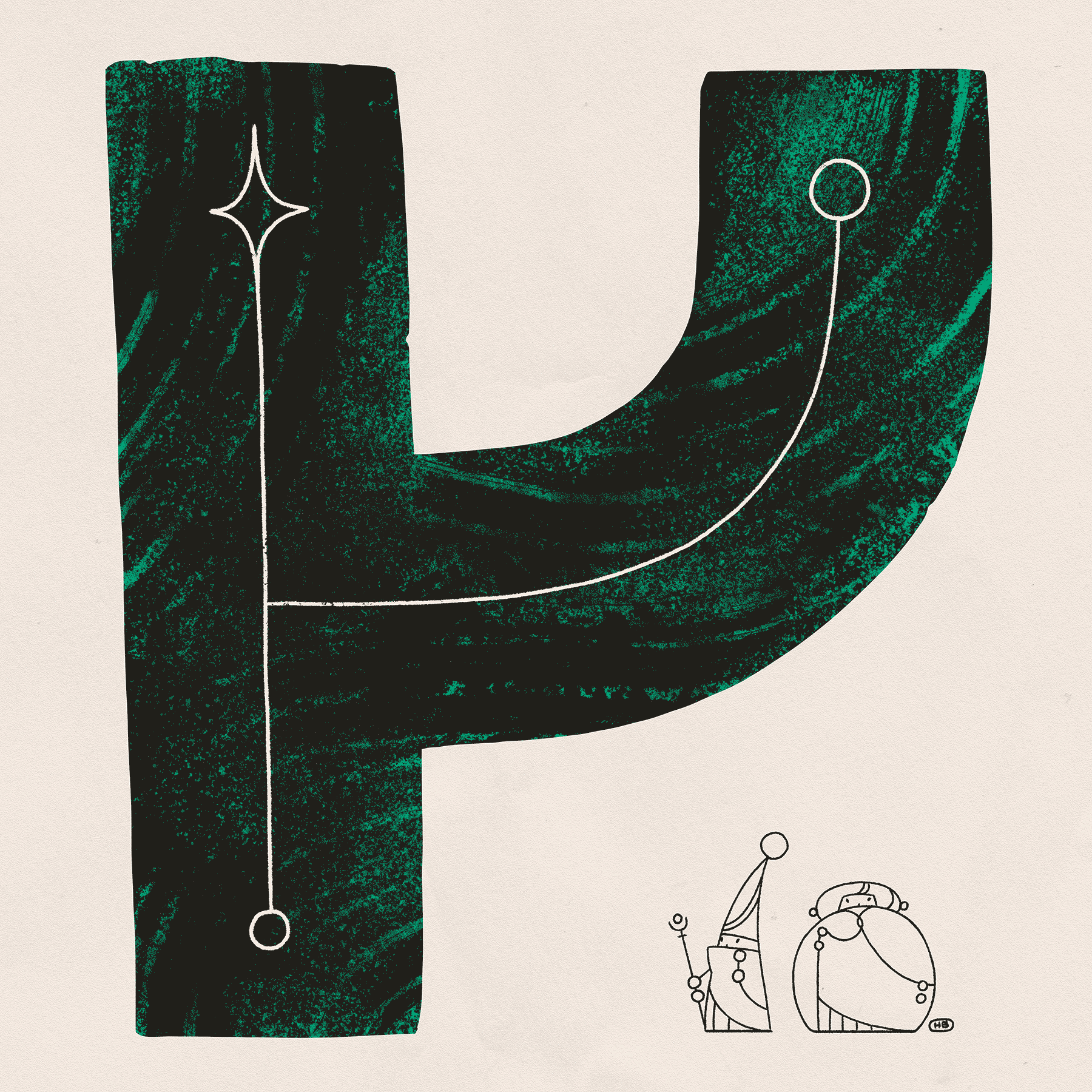Two small sigilists look upward at a thick, green, textured mark - the Wormrōte glyph for the consonants K and G.