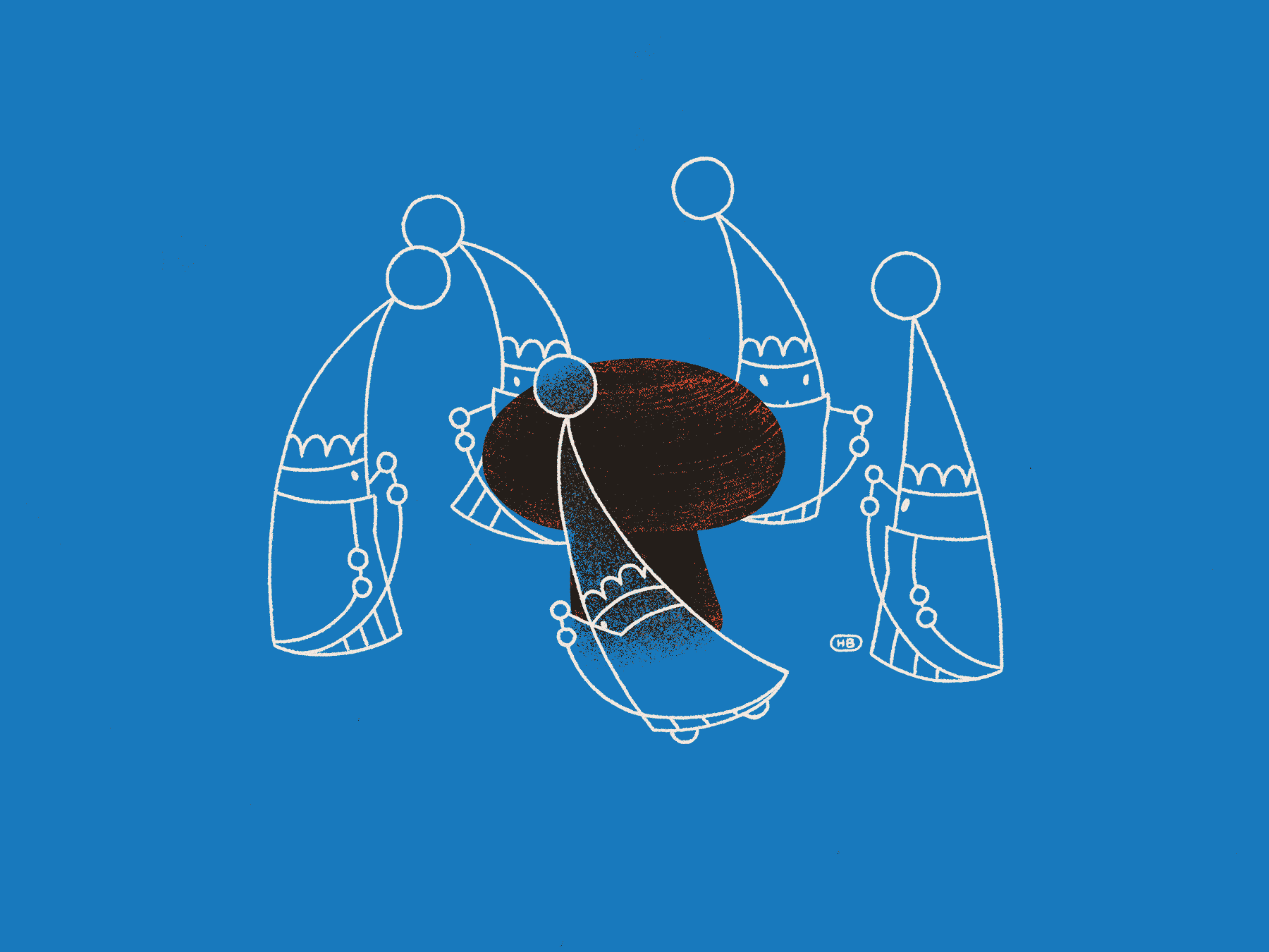 A group of small wizards dance in a circle around a stone-like mushroom.