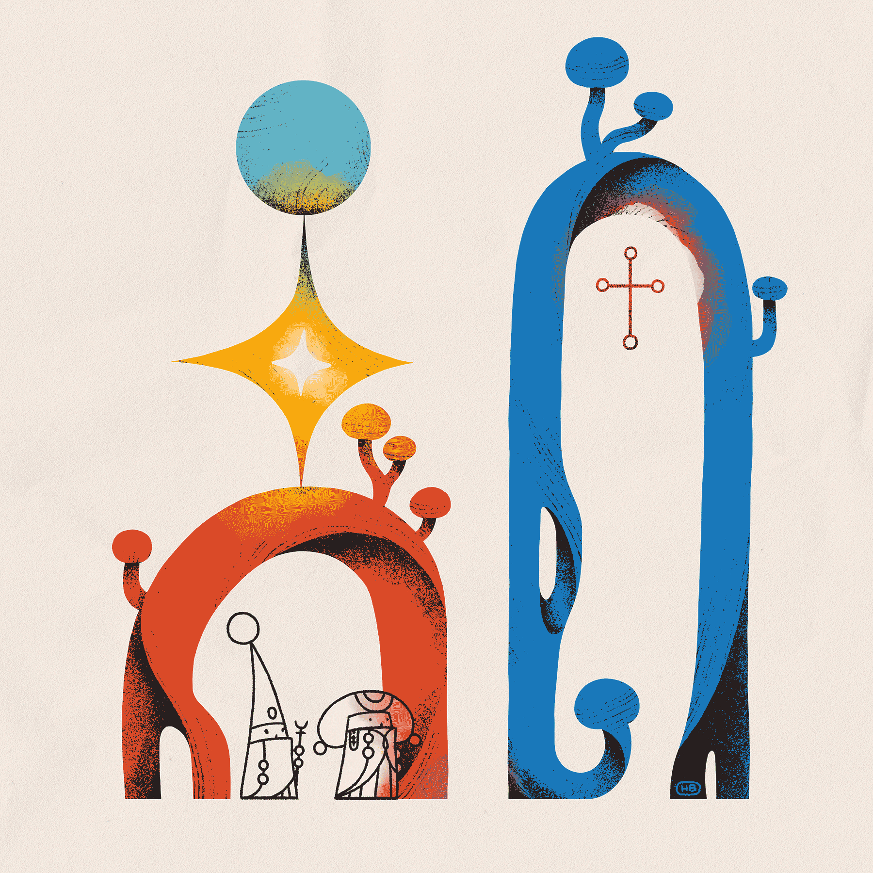 Two small wizards perform divination in a colorful realm of organic, arch-like shapes. One appears mesmerized and is absorbing the colors of the realm.
