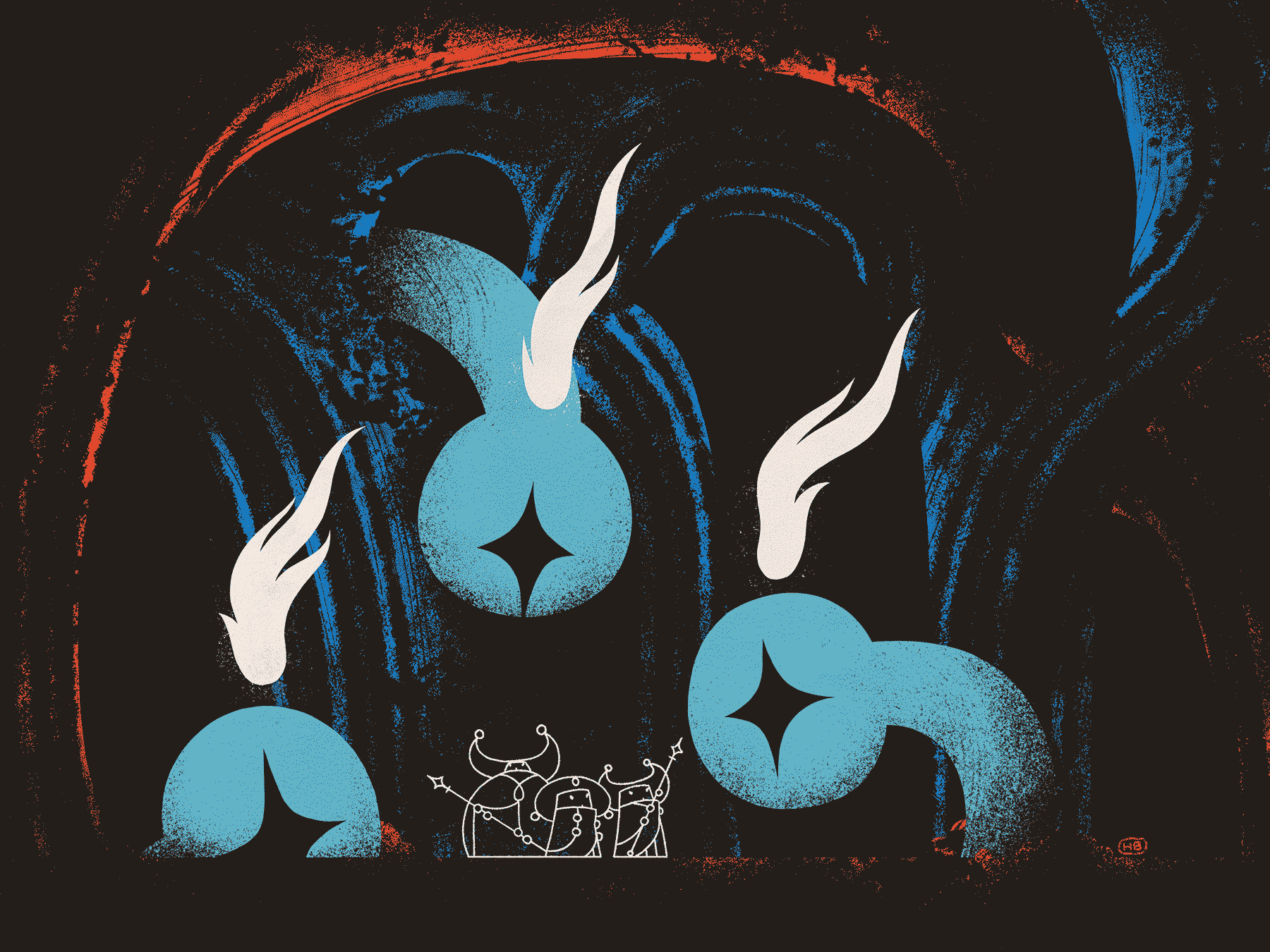 Three small wizards are surrounded by giant blue worms with flames over their heads.