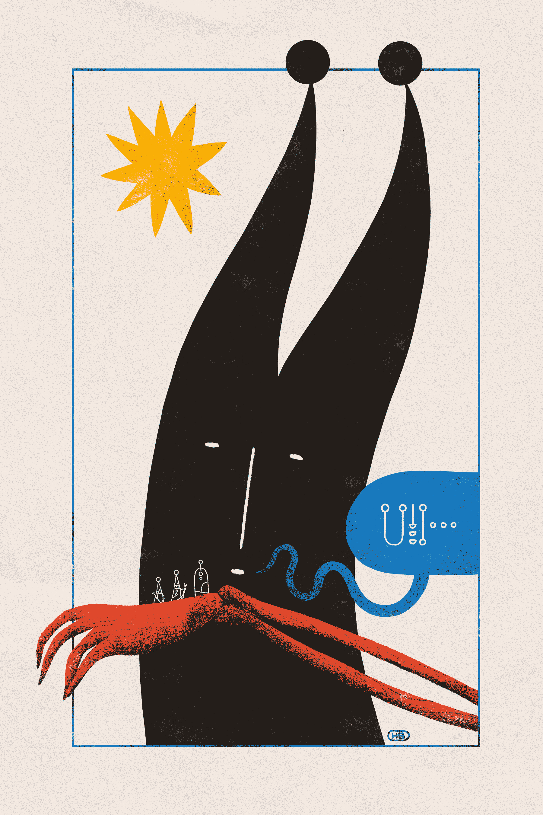 Two small sigilists run along the hand of the Hierophant, who has just noticed them.