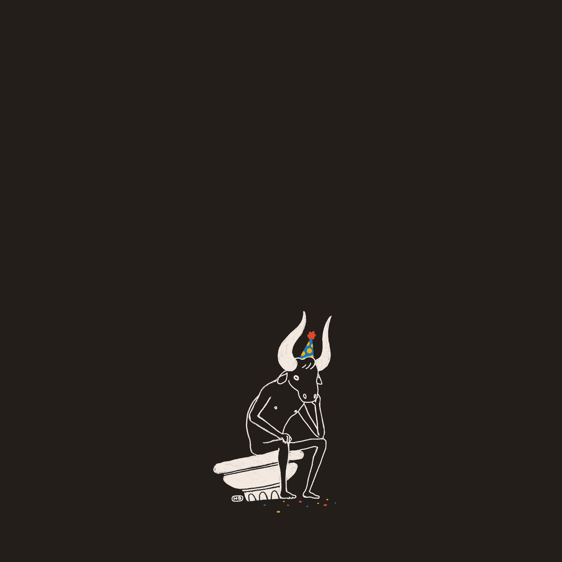 A minotaur wearing a party hat sits on a ruined column. Colorful confetti lies at their feet.
