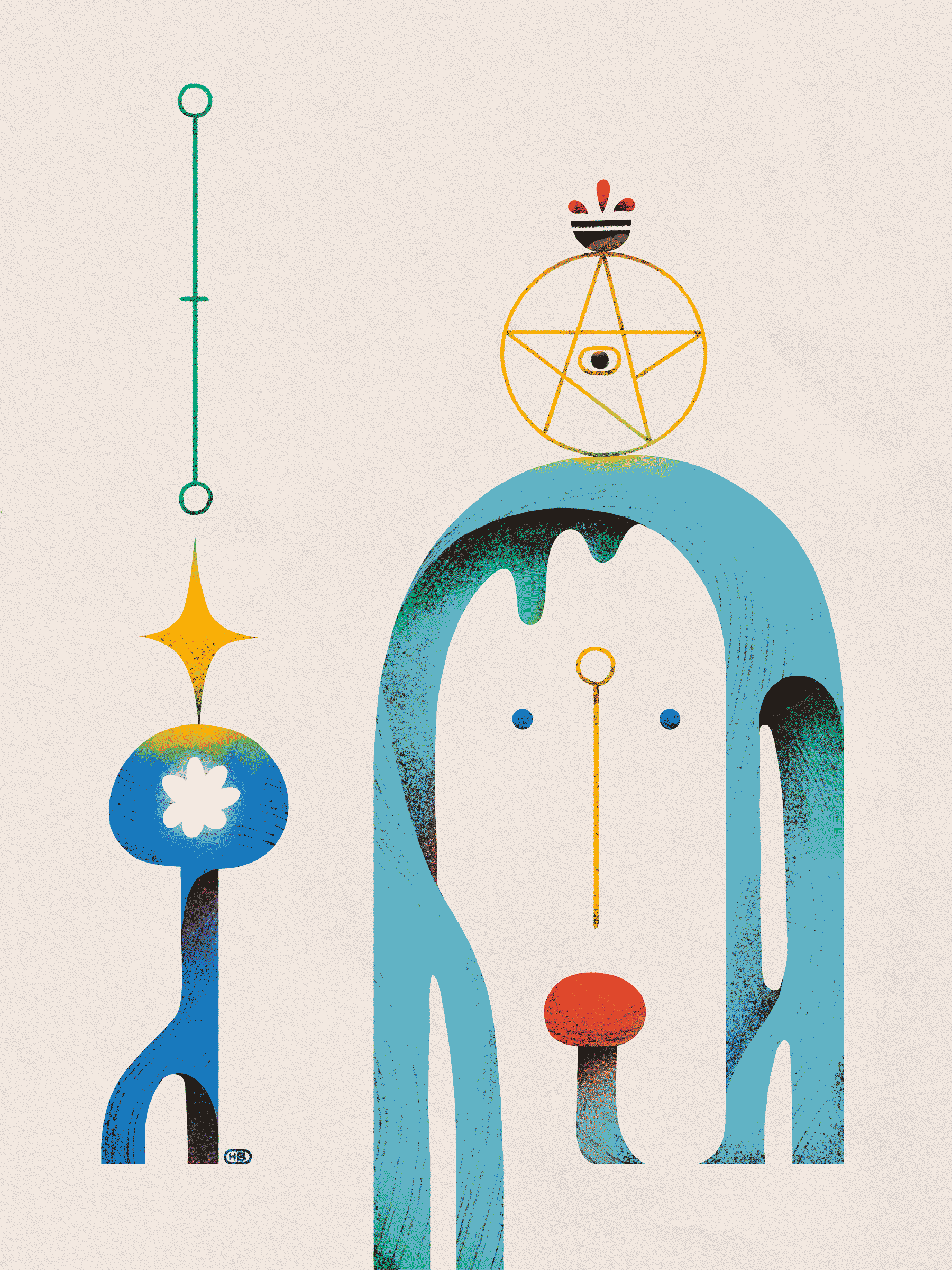 A colorful archway resembling a face is topped by a broken pentacle and bowl of red liquid. A mushroom-like shape and sigil are off to the side.