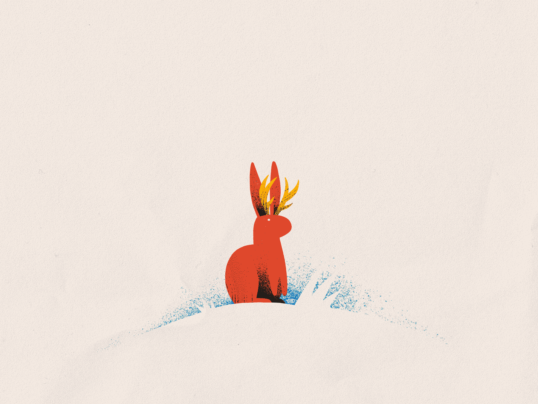 A simple representation of a jackalope - a rabbit with deer antlers - looks out over the snow.