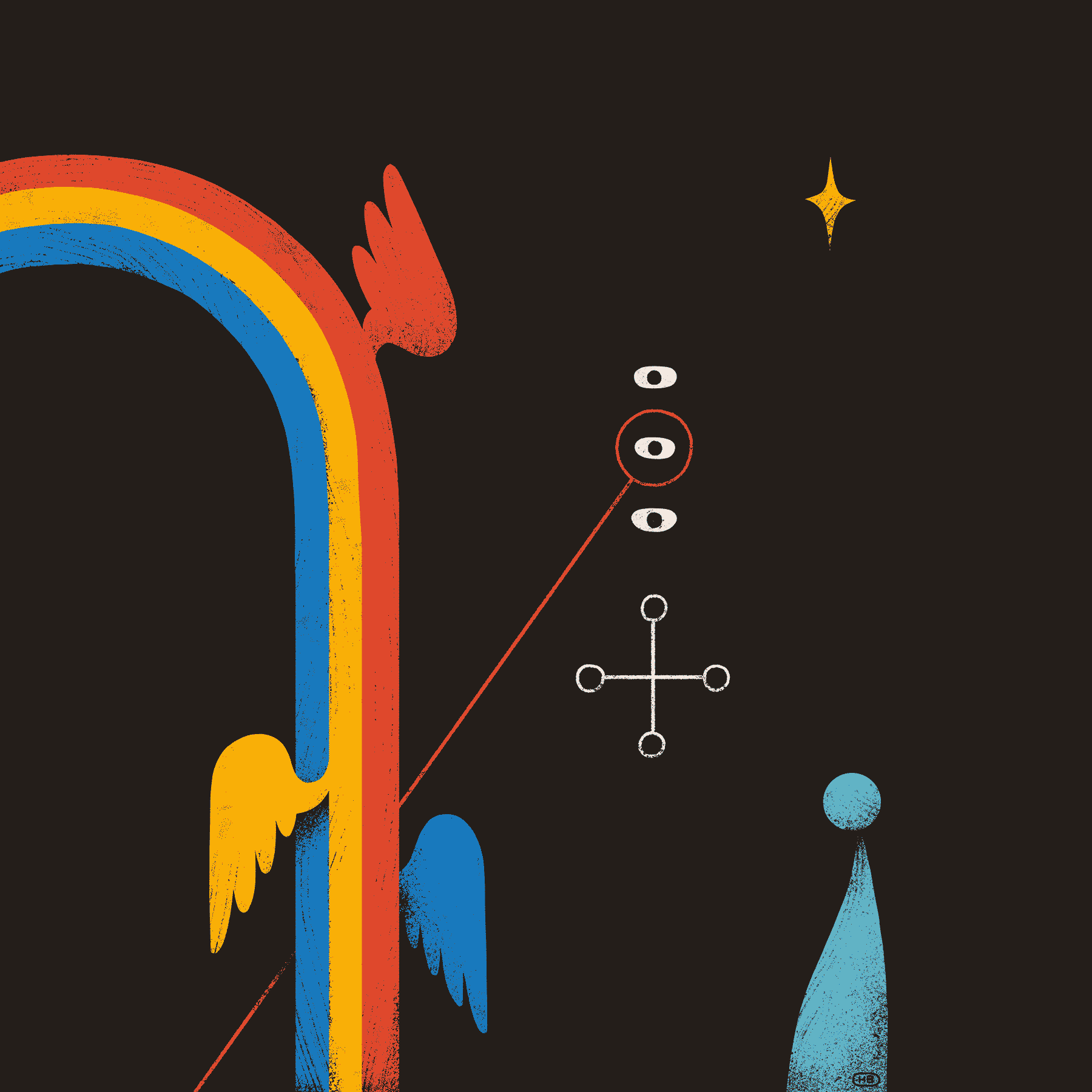 A winged rainbow alongside a sigil, eyes, a star, and a small abstract sculpture.