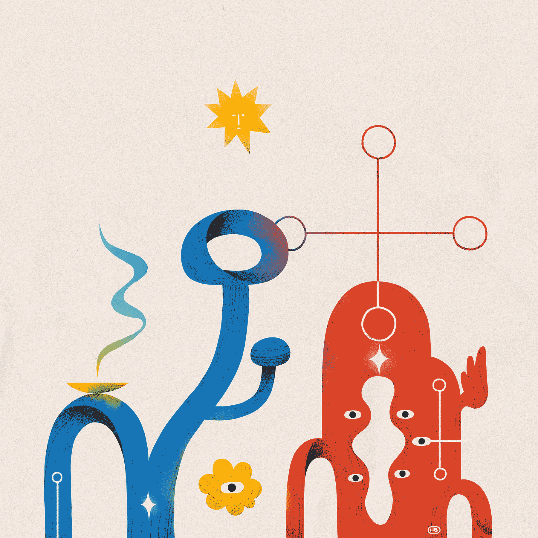 Colorful, organic, abstract shapes with eyes hold an incense bowl and sigil. A star looks down from above while a cloud looks at the viewer.