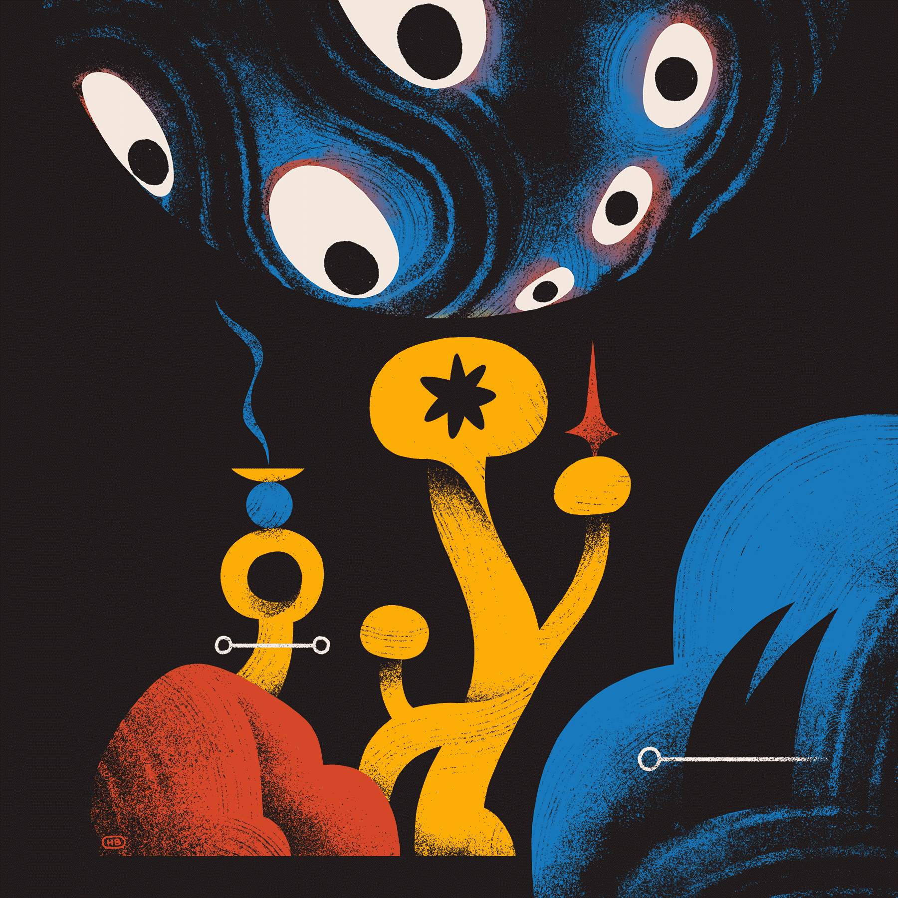 A very abstract depiction of Abraham's near-sacrifice of his son Isaac. A large figure raises a knife overhead while facing a small, bound figure. A massive, many-eyed entity watches from above.