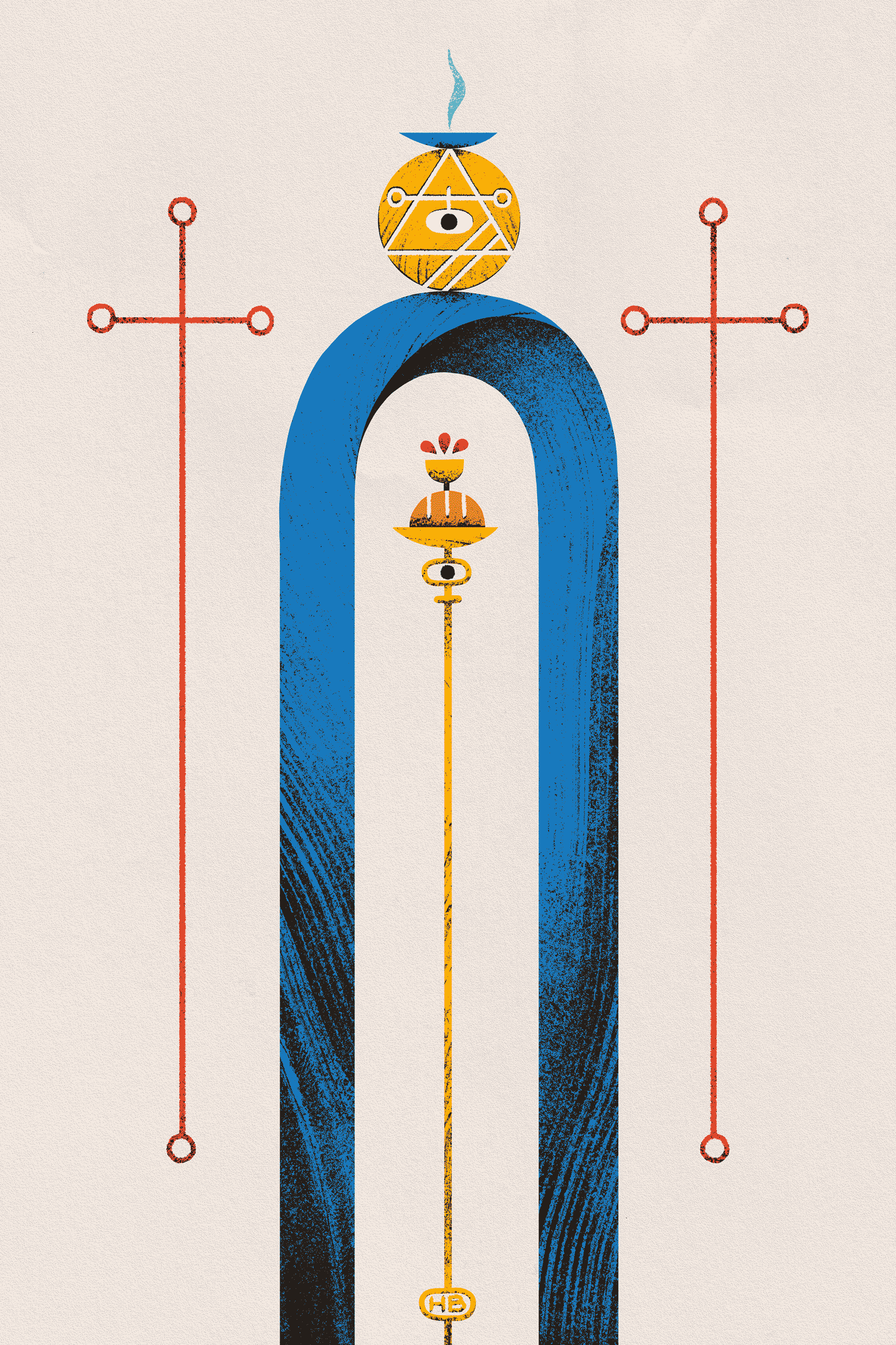 An archway around an offering of bread and wine. To either side are cross-like sigils, and above is a more complicated sigil prominently featuring a triangle.