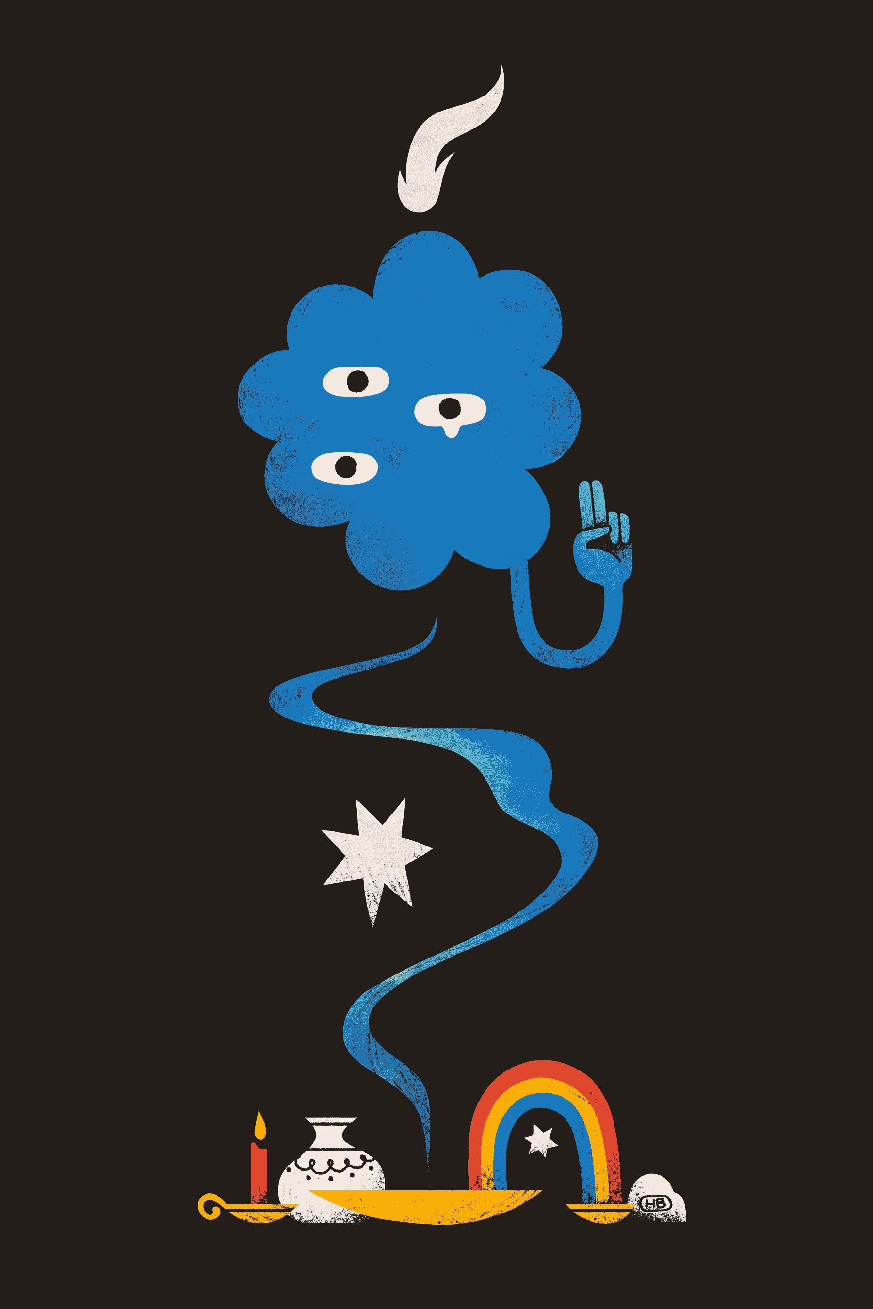 A blue, three-eyed, cloudlike entity has been summoned, and raises two fingers in a peaceful gesture to the viewer. Below them are an offering bowl, candle, jar, rainbow, and star.