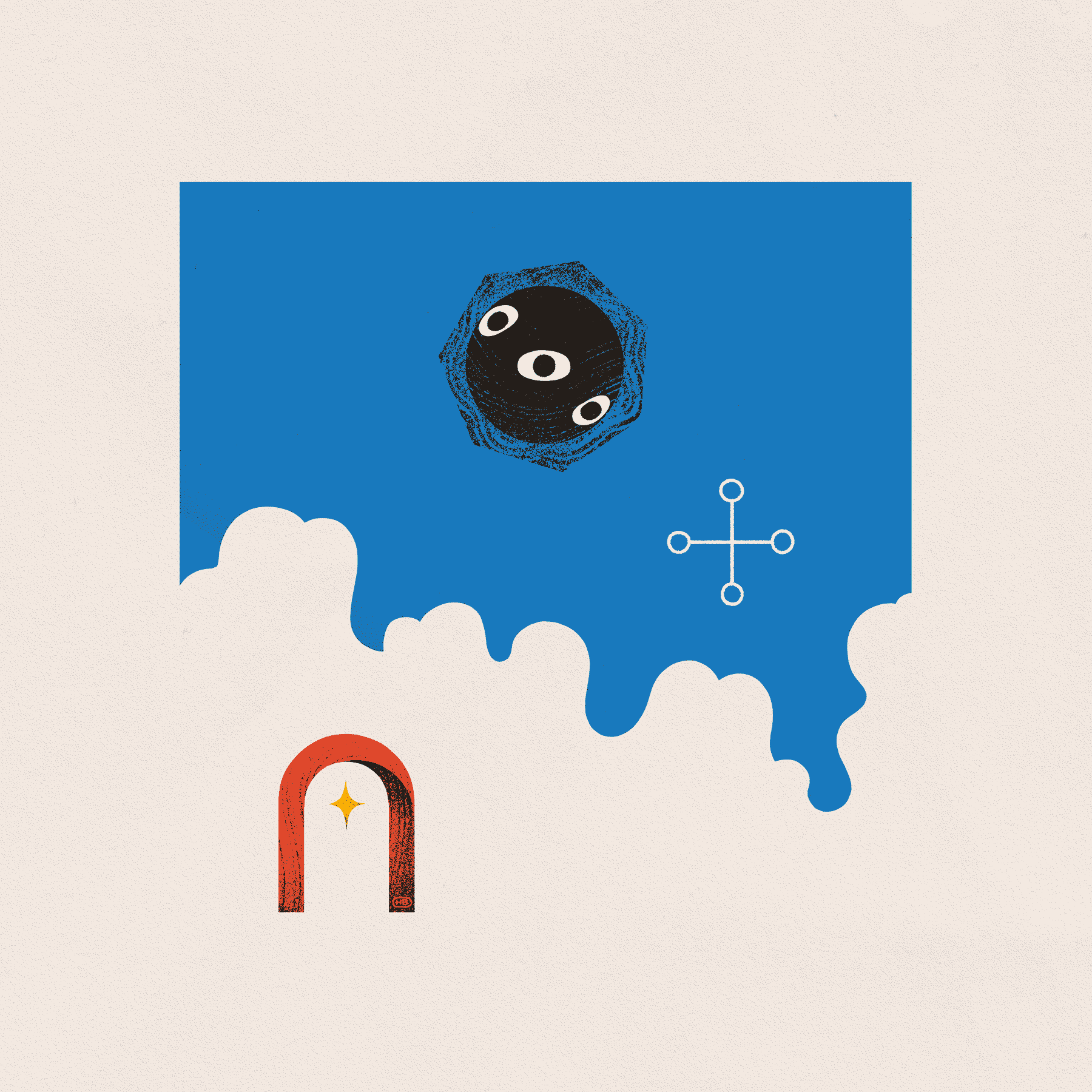 A spherical black entity ringed in eyes hovers over a blue cloudscape with a red arch and sigil below.
