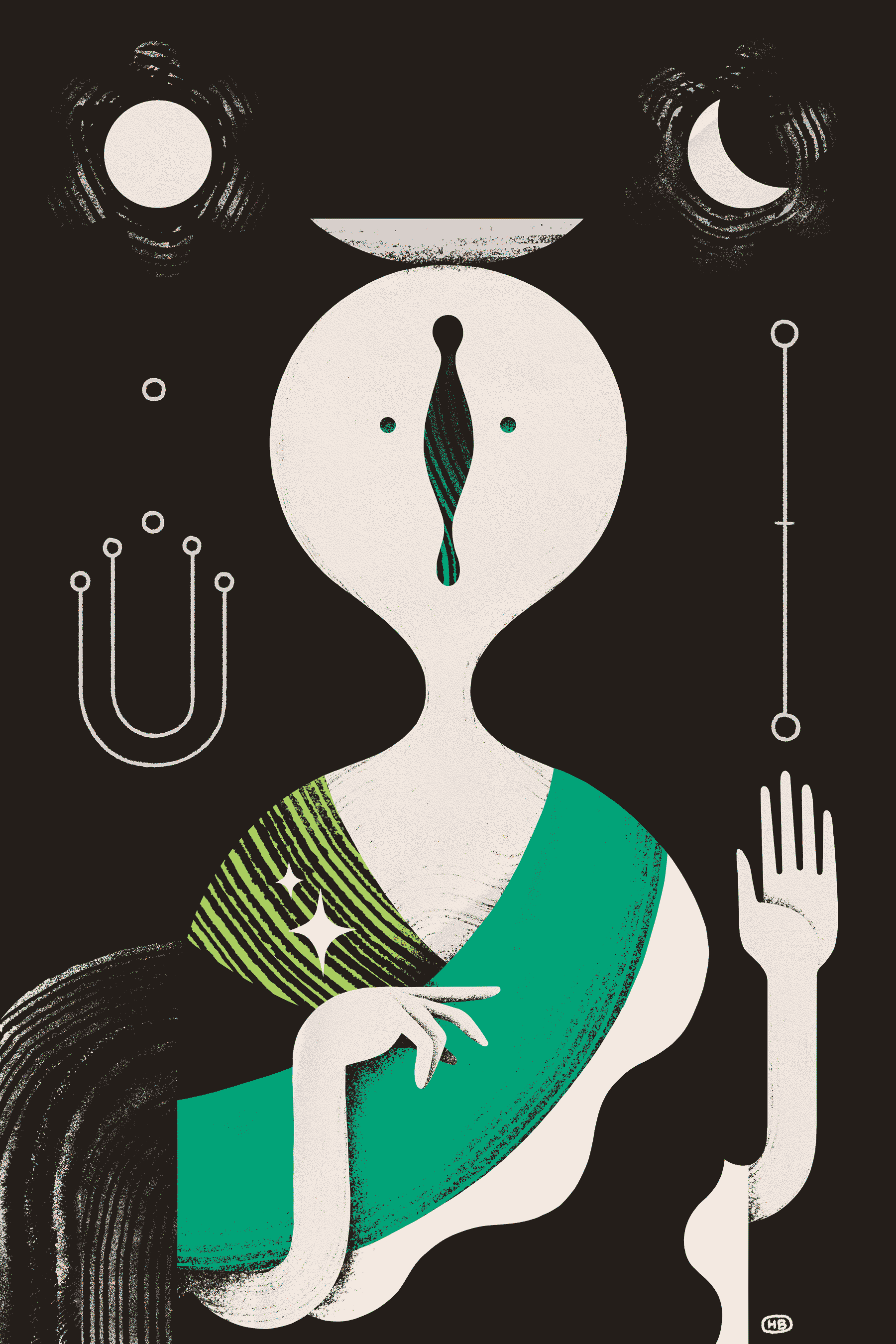 A humanoid entity with a vertical mouth gestures toward sigils beneath two moons.