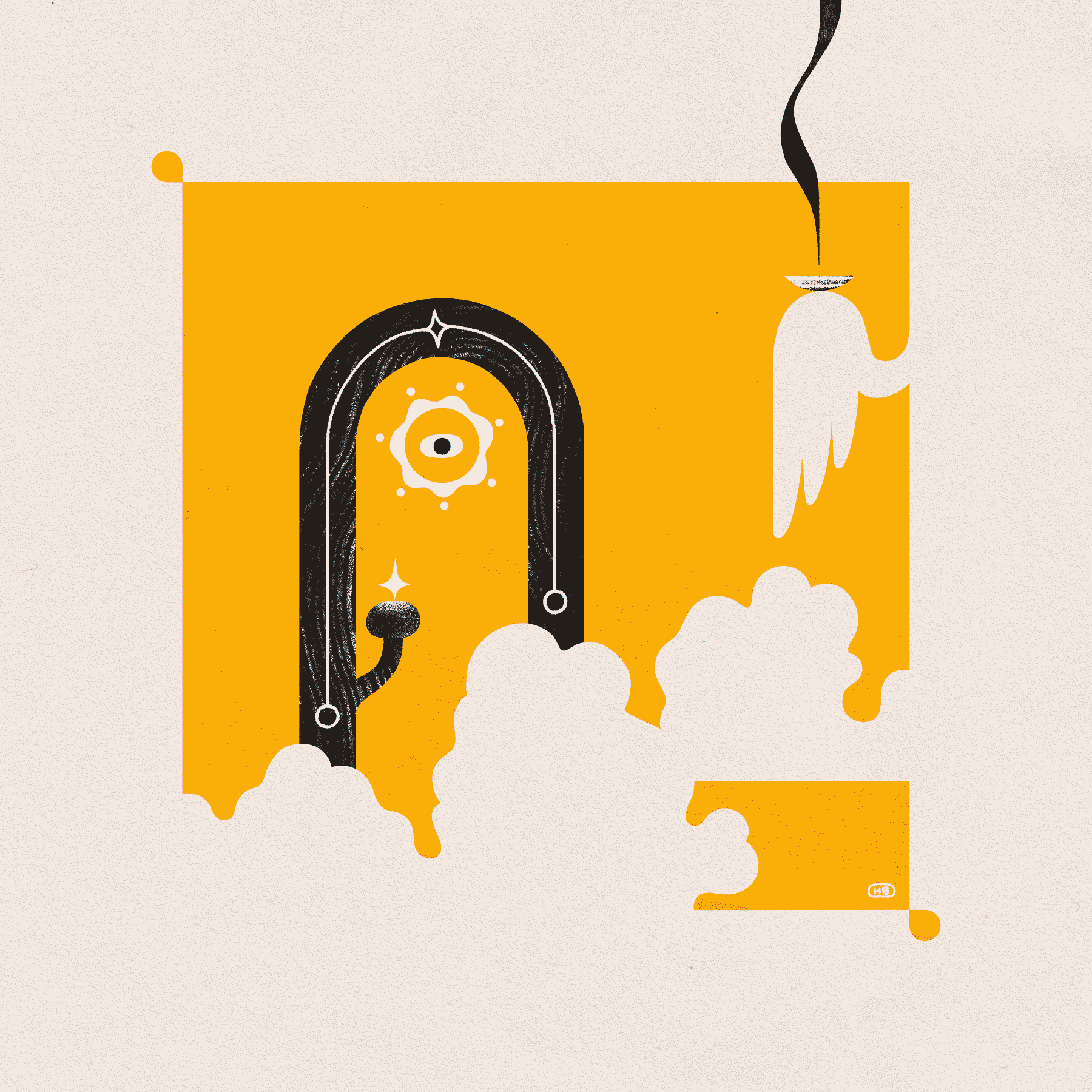 A black archway, eye-like entity, clouds, wing, and offering bowl on a golden background.
